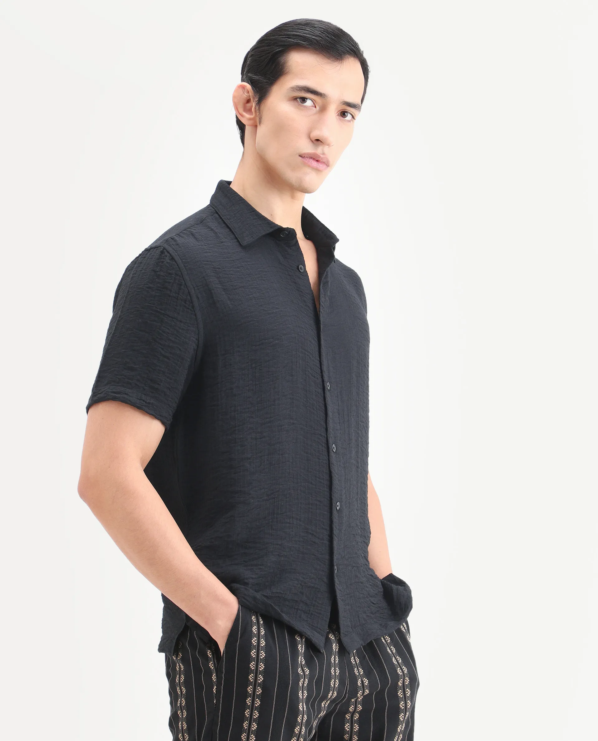 Rare Rabbit Men's Veon-Ss Black Viscose Blend Fabric Half Sleeve Spread Collar Regular Fit Plain Shirt - Image 6