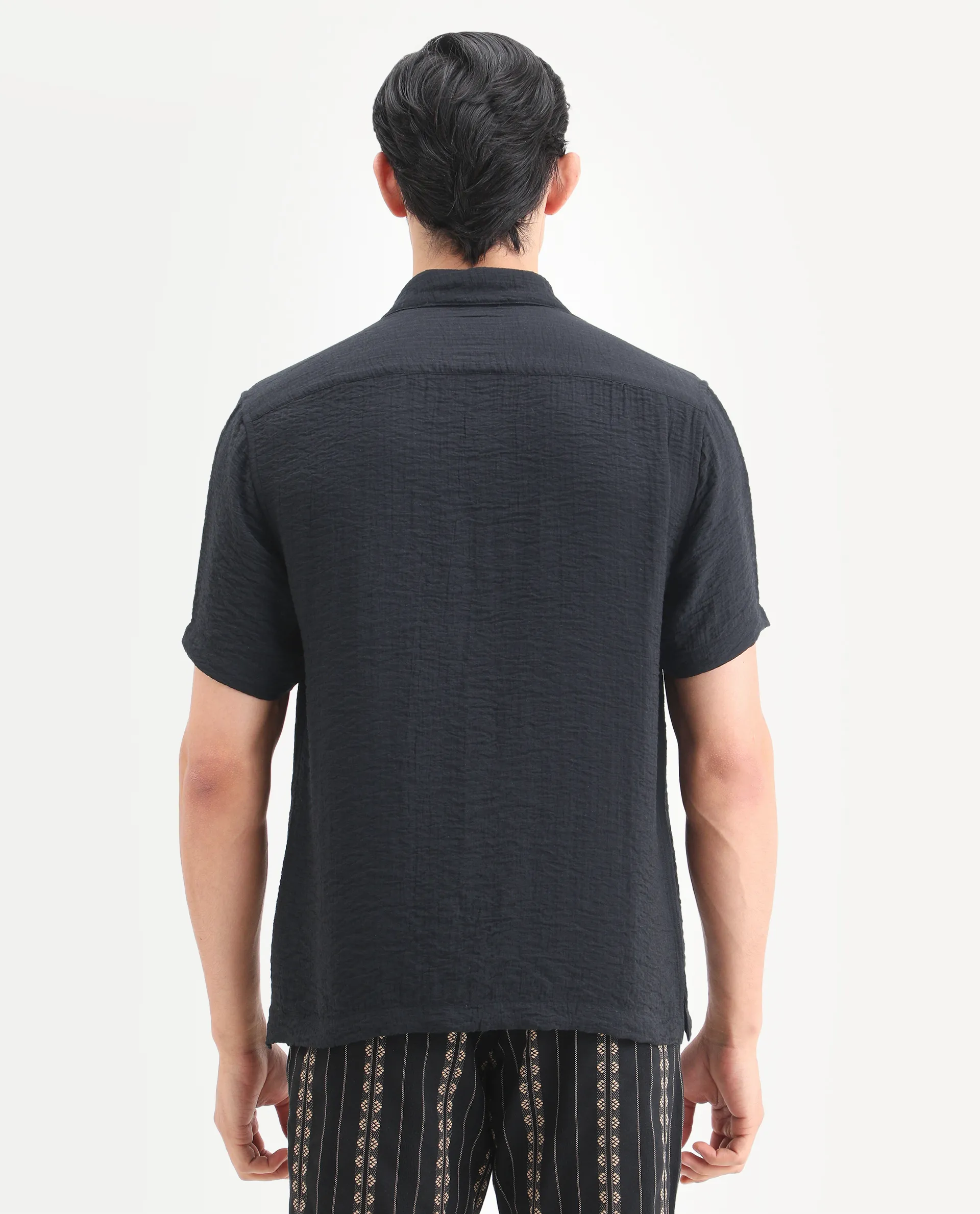 Rare Rabbit Men's Veon-Ss Black Viscose Blend Fabric Half Sleeve Spread Collar Regular Fit Plain Shirt - Image 7