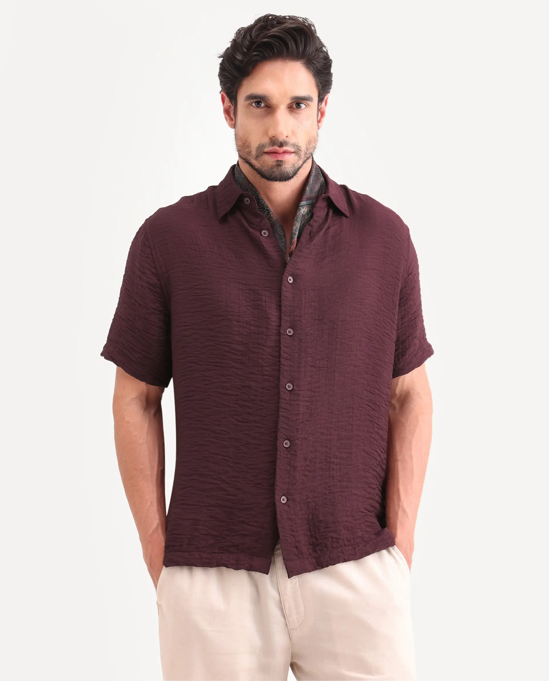 Rare Rabbit Men's Veon-Ss Dark Maroon Viscose Blend Fabric Half Sleeve Spread Collar Regular Fit Plain Shirt