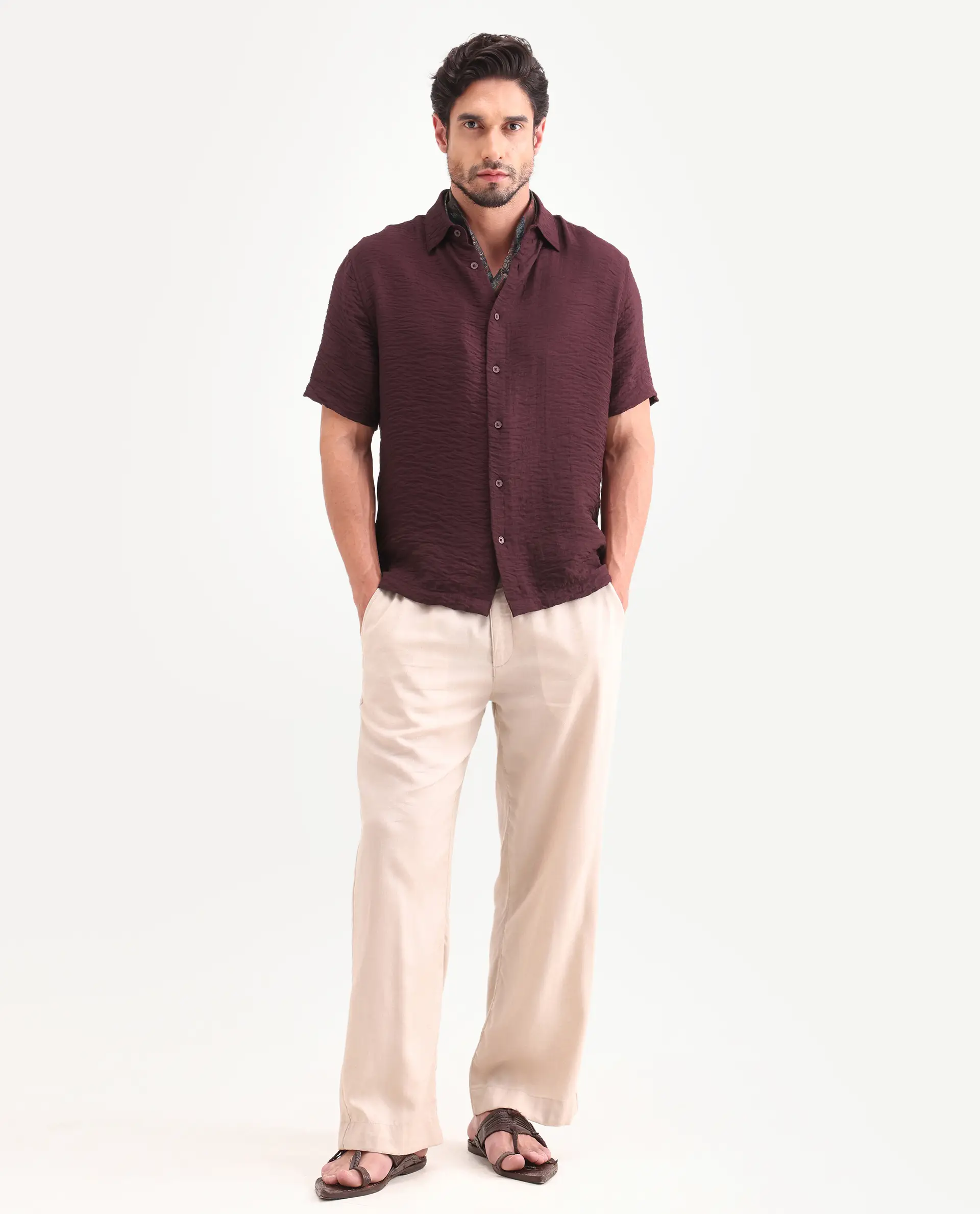 Rare Rabbit Men's Veon-Ss Dark Maroon Viscose Blend Fabric Half Sleeve Spread Collar Regular Fit Plain Shirt - Image 2