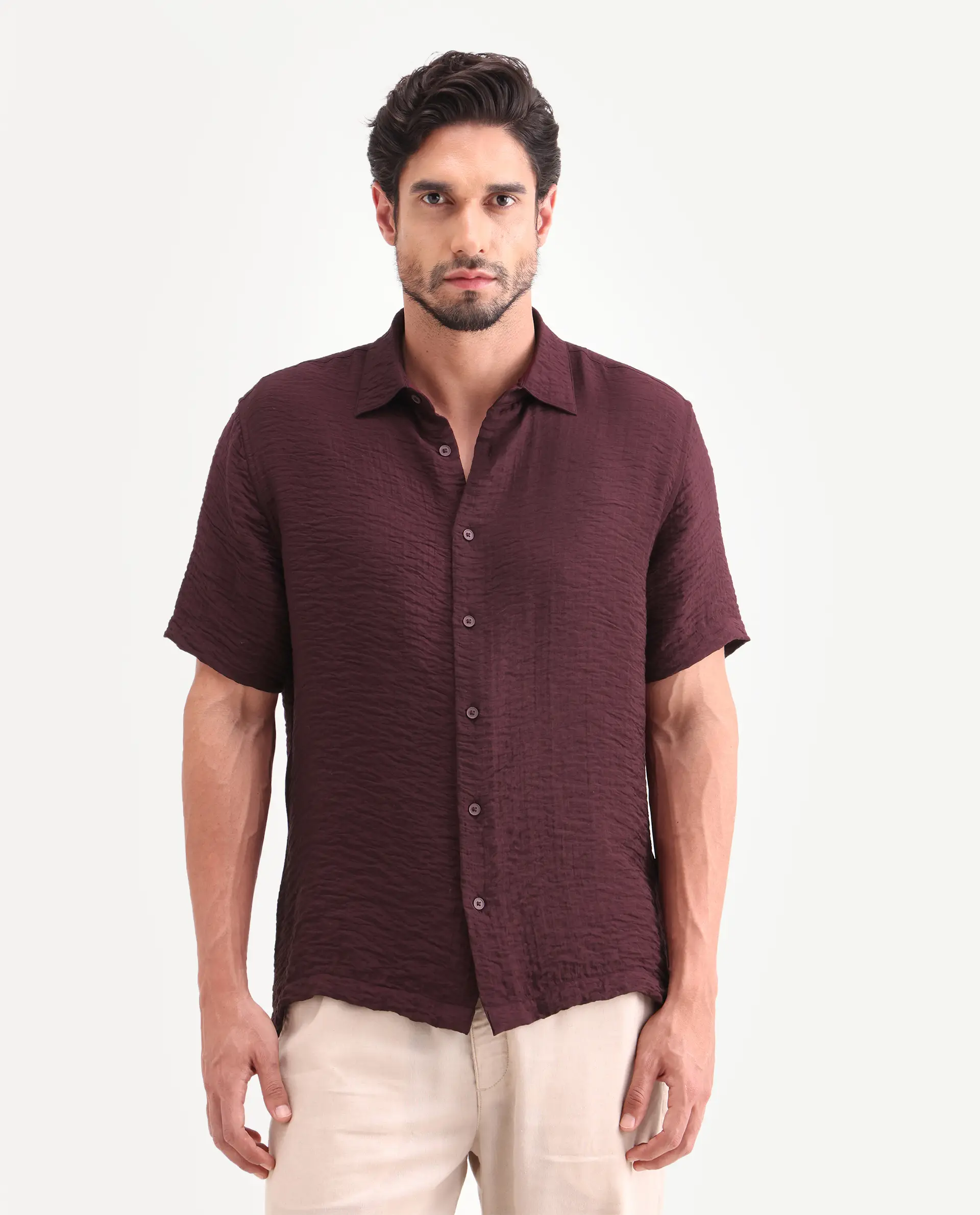 Rare Rabbit Men's Veon-Ss Dark Maroon Viscose Blend Fabric Half Sleeve Spread Collar Regular Fit Plain Shirt - Image 4
