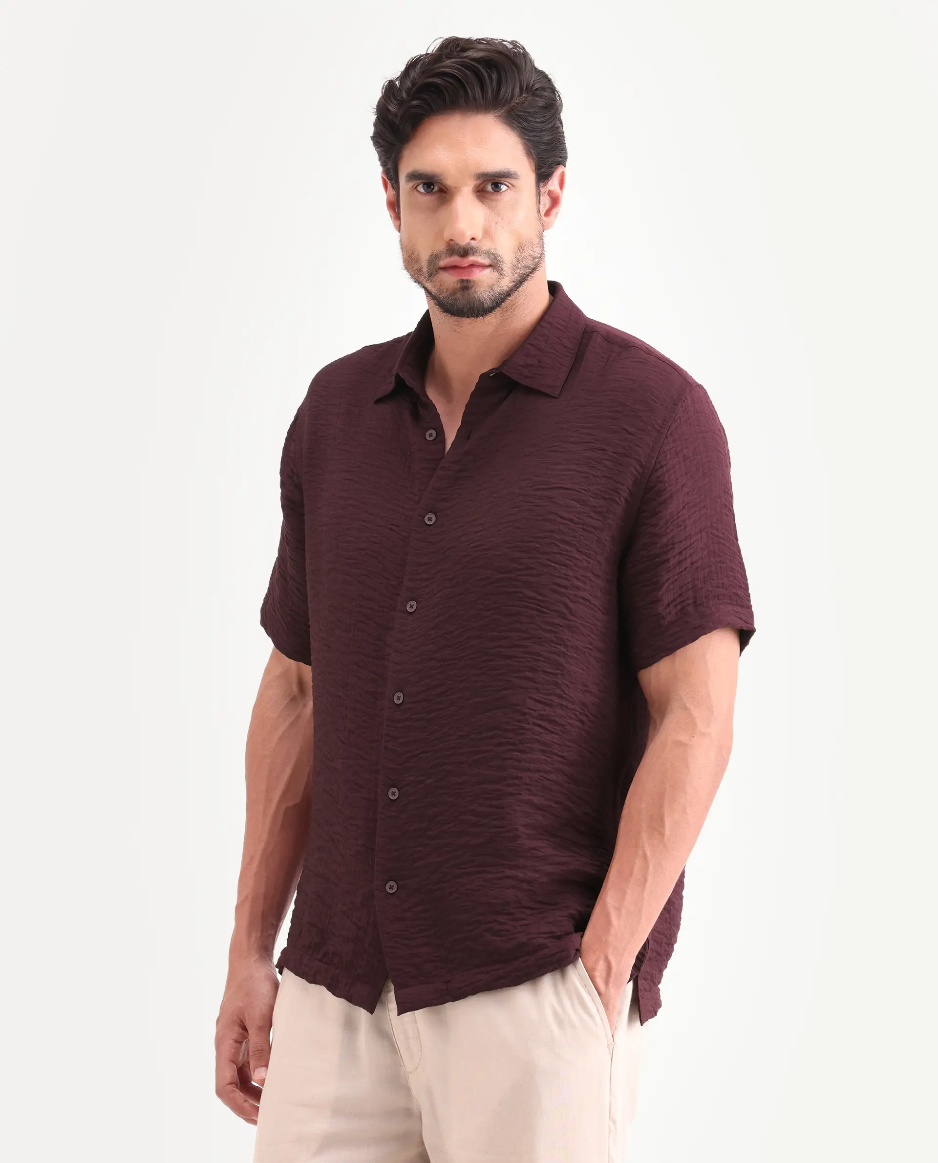 Rare Rabbit Men's Veon-Ss Dark Maroon Viscose Blend Fabric Half Sleeve Spread Collar Regular Fit Plain Shirt - Image 5
