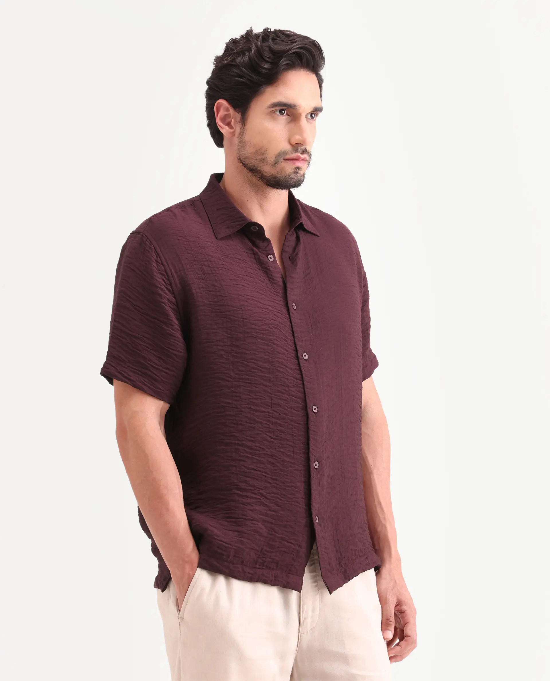 Rare Rabbit Men's Veon-Ss Dark Maroon Viscose Blend Fabric Half Sleeve Spread Collar Regular Fit Plain Shirt - Image 6