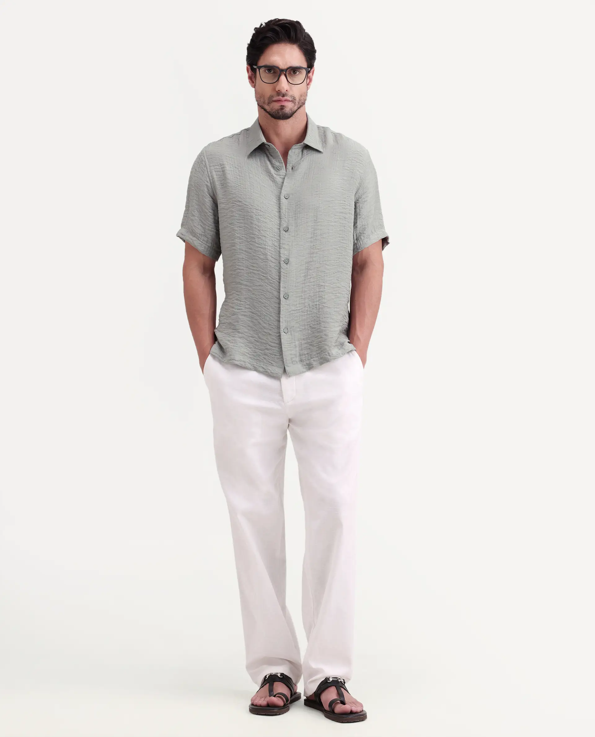 Rare Rabbit Men's Veon-Ss Dusky Grey Viscose Blend Fabric Half Sleeve Spread Collar Regular Fit Plain Shirt - Image 2