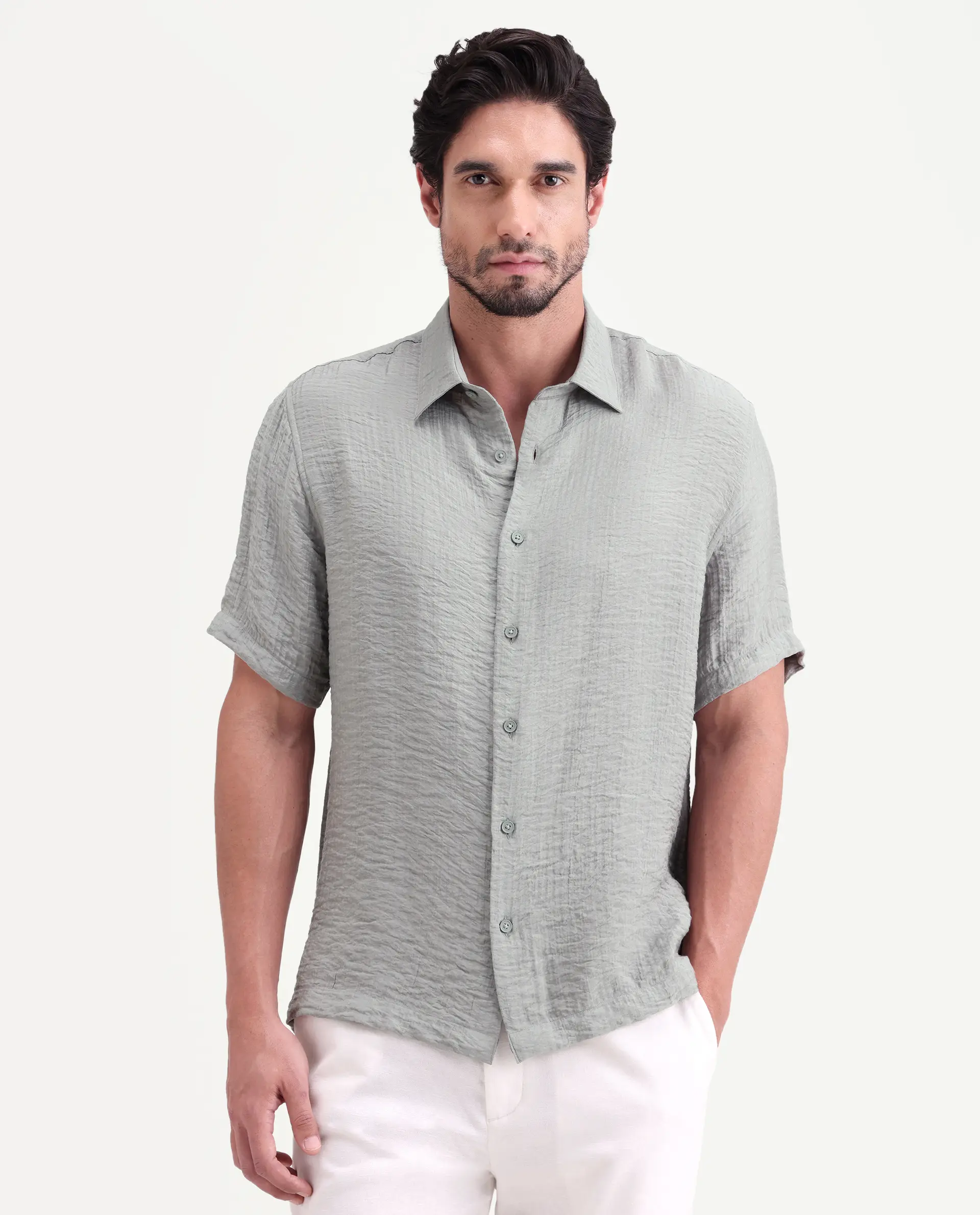 Rare Rabbit Men's Veon-Ss Dusky Grey Viscose Blend Fabric Half Sleeve Spread Collar Regular Fit Plain Shirt - Image 4