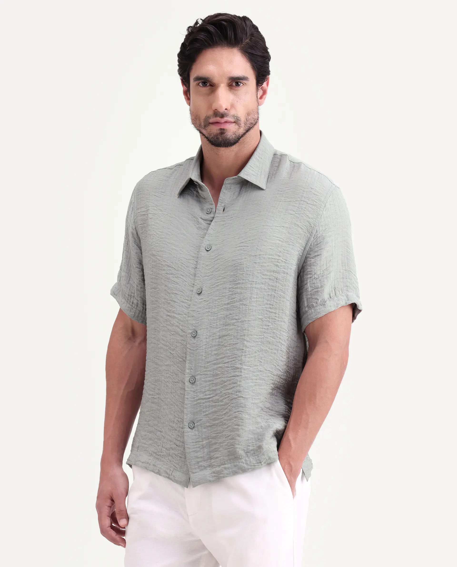 Rare Rabbit Men's Veon-Ss Dusky Grey Viscose Blend Fabric Half Sleeve Spread Collar Regular Fit Plain Shirt - Image 5
