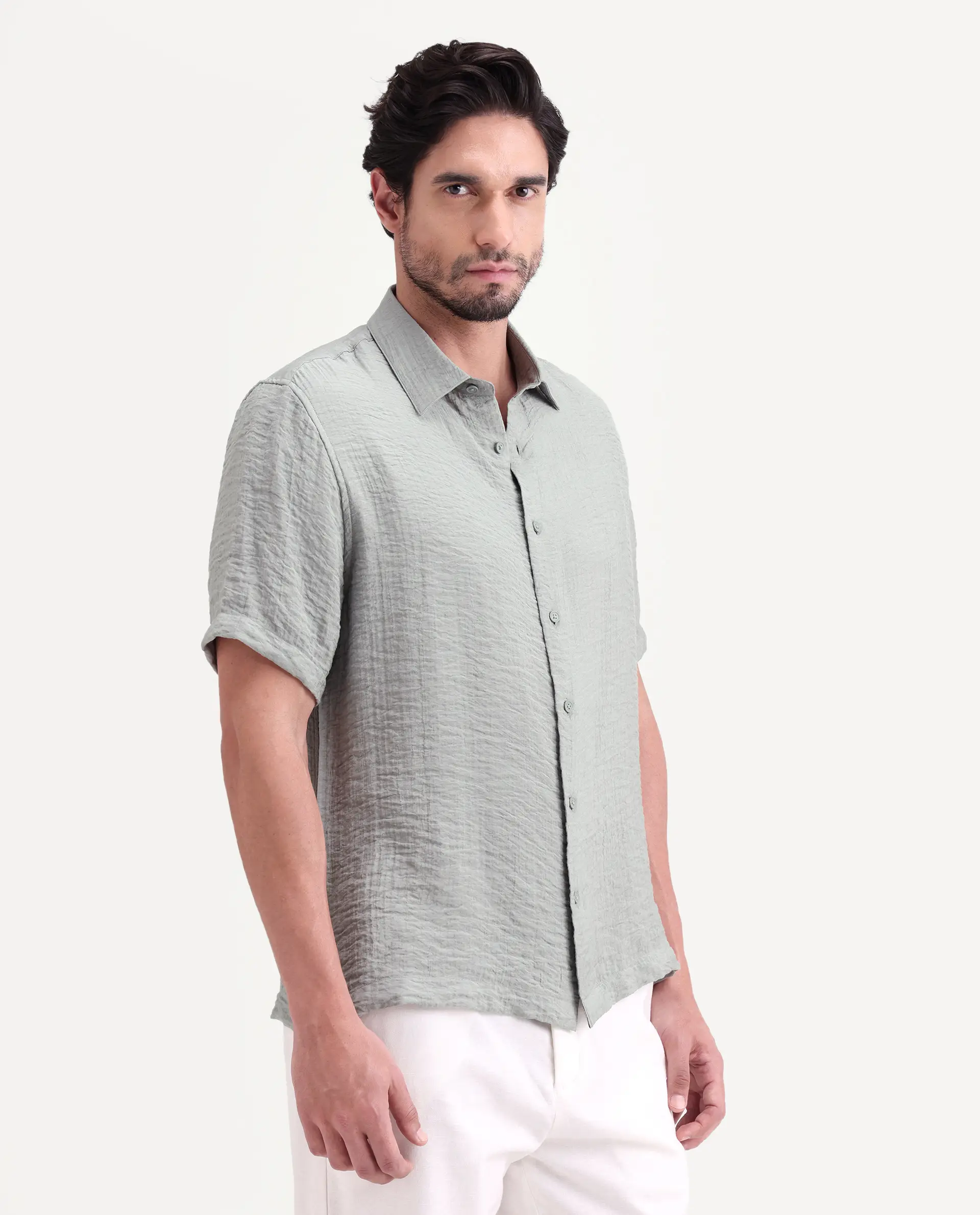Rare Rabbit Men's Veon-Ss Dusky Grey Viscose Blend Fabric Half Sleeve Spread Collar Regular Fit Plain Shirt - Image 6