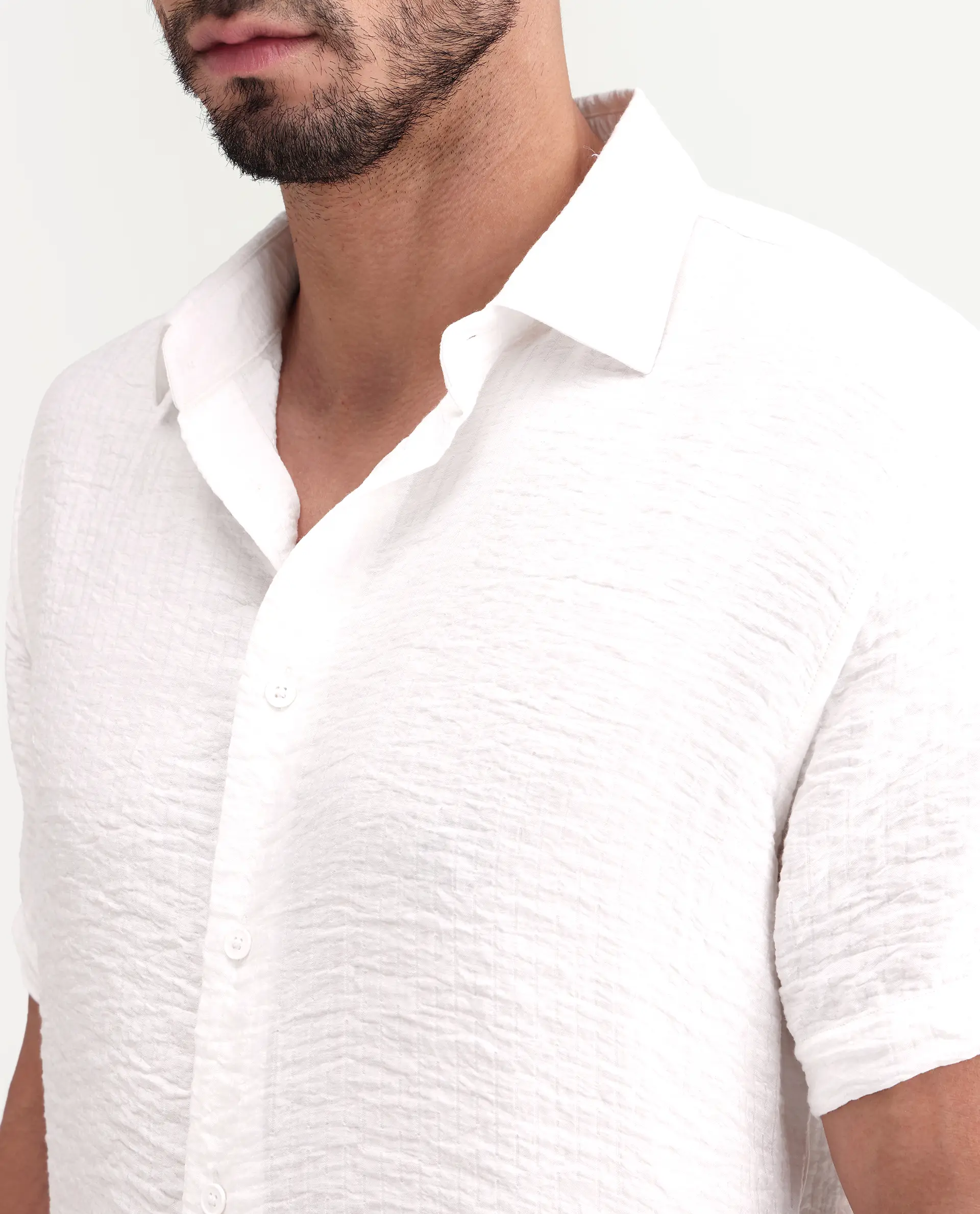 Rare Rabbit Men's Veon-Ss Off White Viscose Blend Fabric Half Sleeve Spread Collar Regular Fit Plain Shirt - Image 3