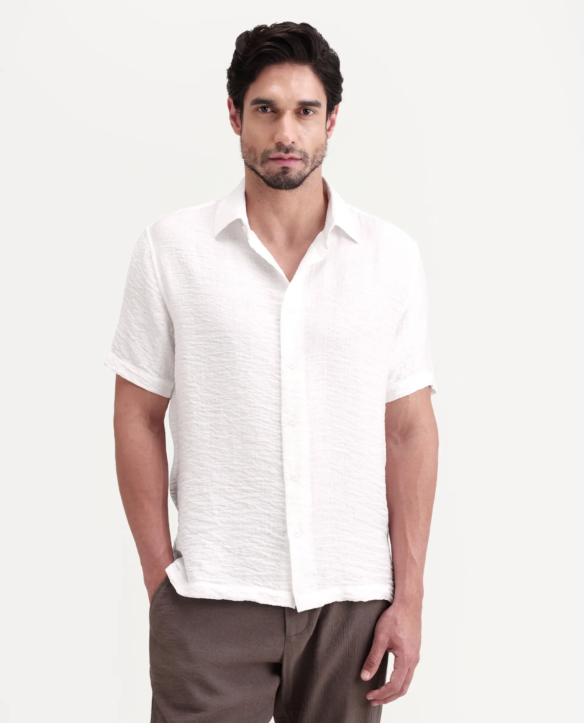 Rare Rabbit Men's Veon-Ss Off White Viscose Blend Fabric Half Sleeve Spread Collar Regular Fit Plain Shirt - Image 4