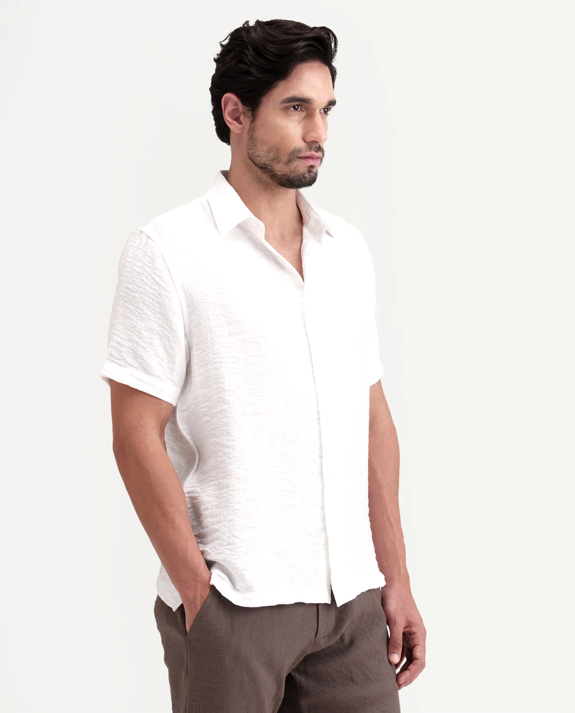 Rare Rabbit Men's Veon-Ss Off White Viscose Blend Fabric Half Sleeve Spread Collar Regular Fit Plain Shirt - Image 5