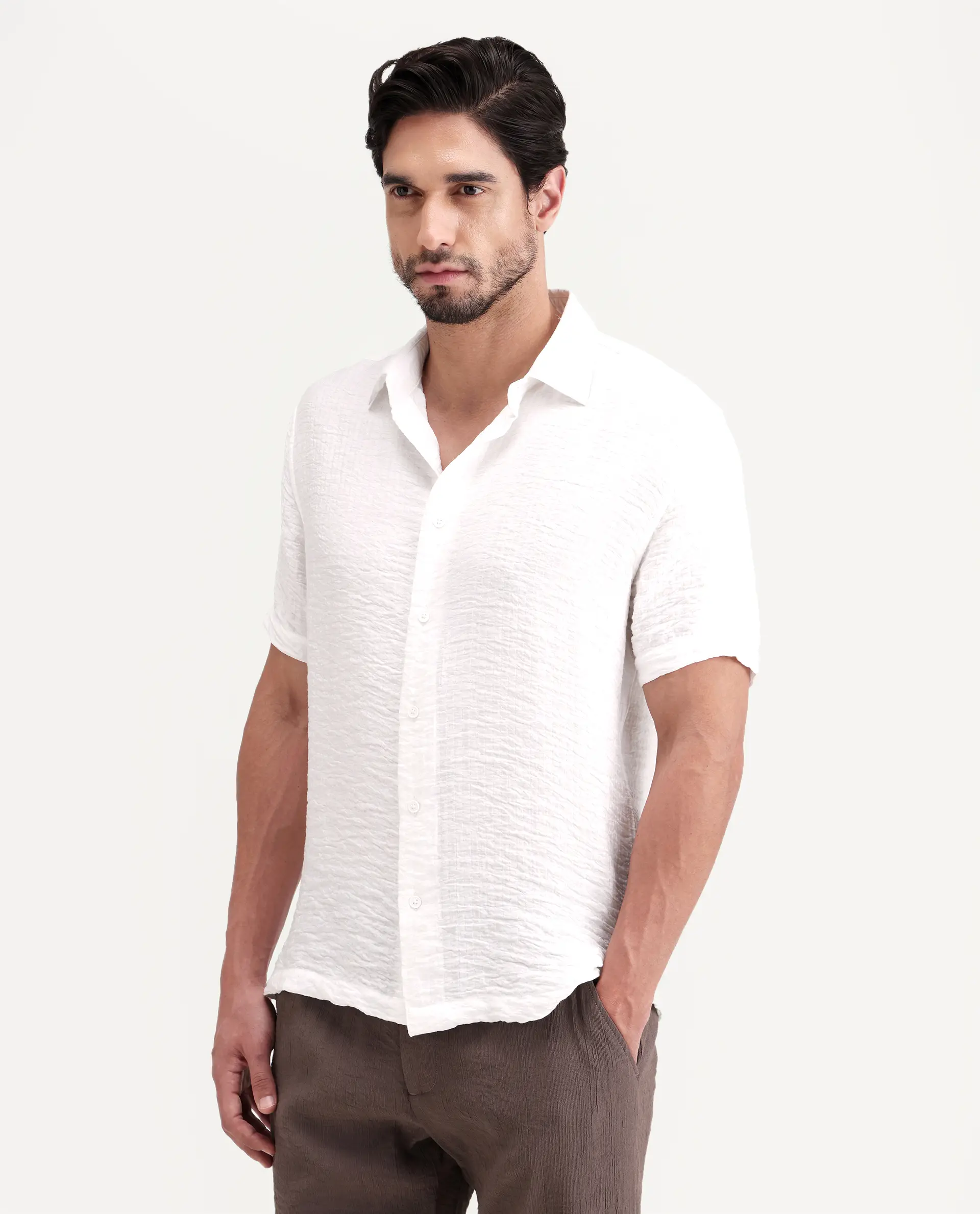 Rare Rabbit Men's Veon-Ss Off White Viscose Blend Fabric Half Sleeve Spread Collar Regular Fit Plain Shirt - Image 6