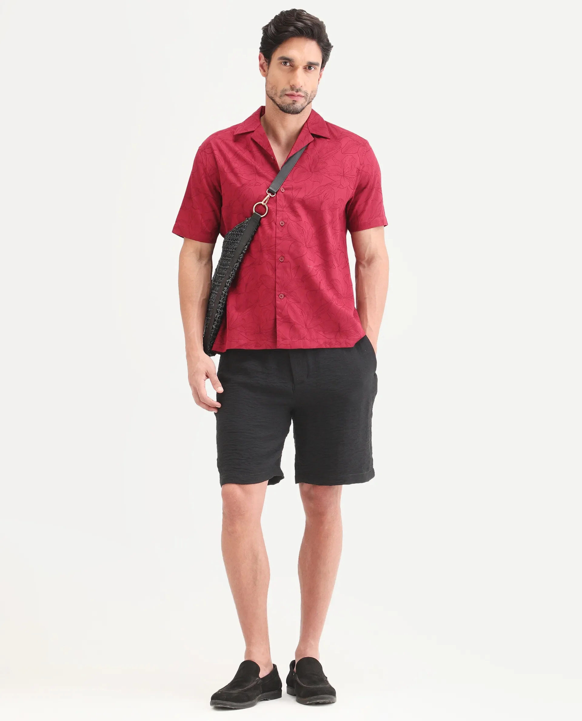 Rare Rabbit Men's Veon-St Black Viscose Blend Fabric Relaxed Fit Plain Shorts