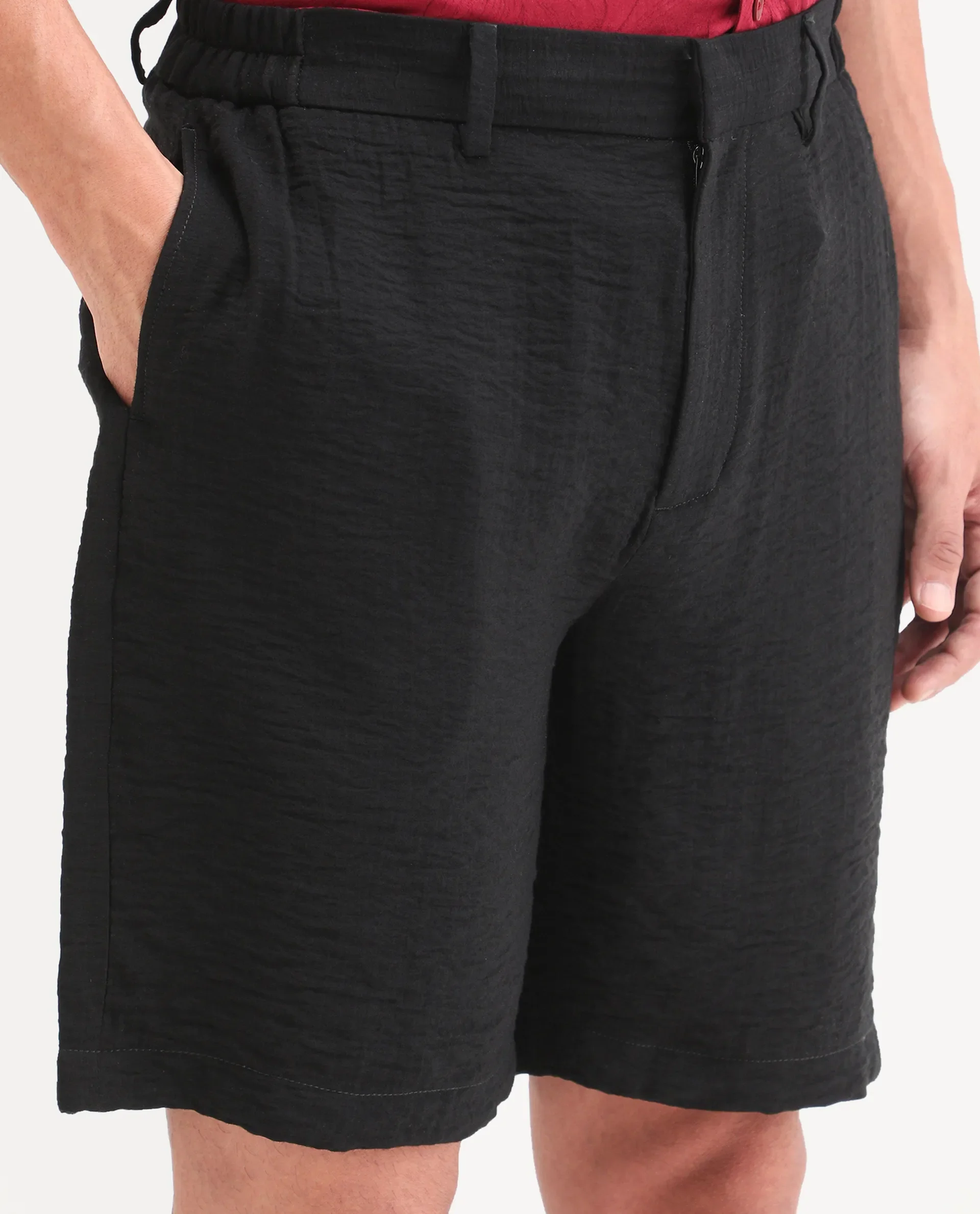 Rare Rabbit Men's Veon-St Black Viscose Blend Fabric Relaxed Fit Plain Shorts - Image 3