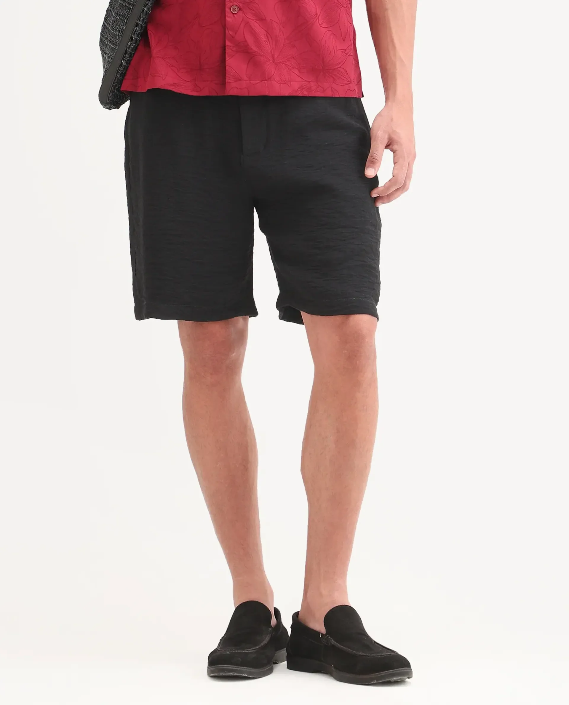 Rare Rabbit Men's Veon-St Black Viscose Blend Fabric Relaxed Fit Plain Shorts - Image 9