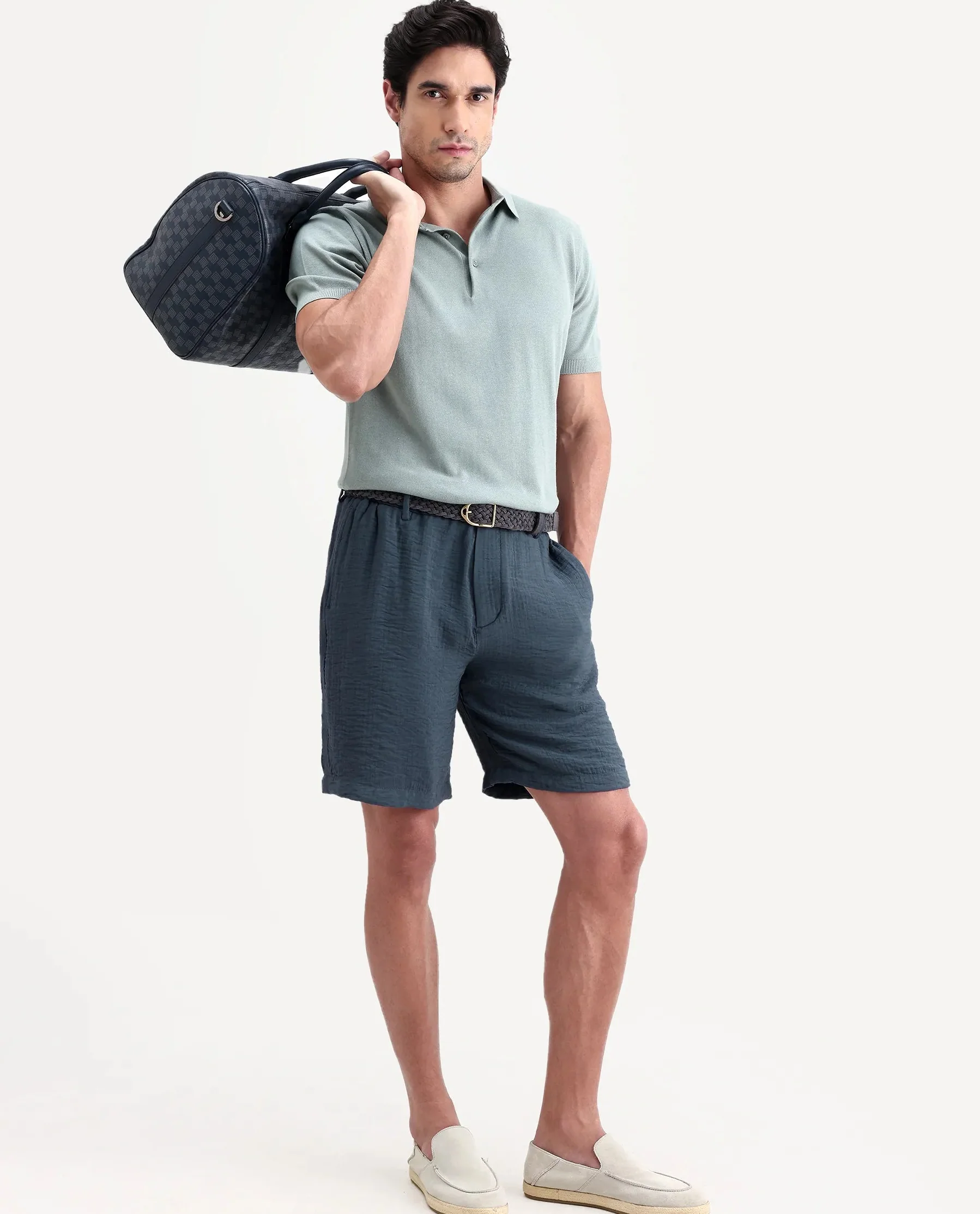 Rare Rabbit Men's Veon-St Dusky Blue Viscose Blend Fabric Relaxed Fit Plain Shorts