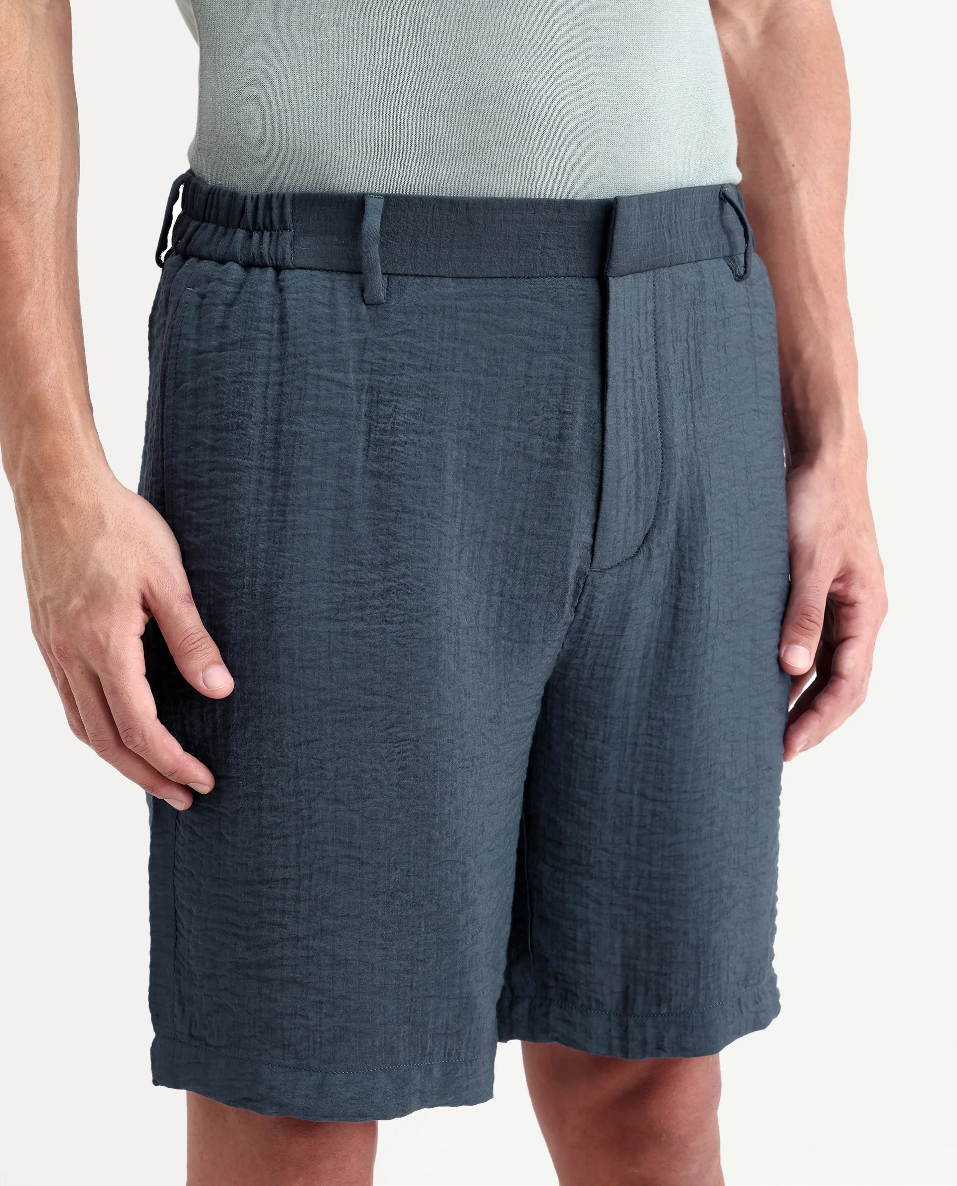 Rare Rabbit Men's Veon-St Dusky Blue Viscose Blend Fabric Relaxed Fit Plain Shorts - Image 2