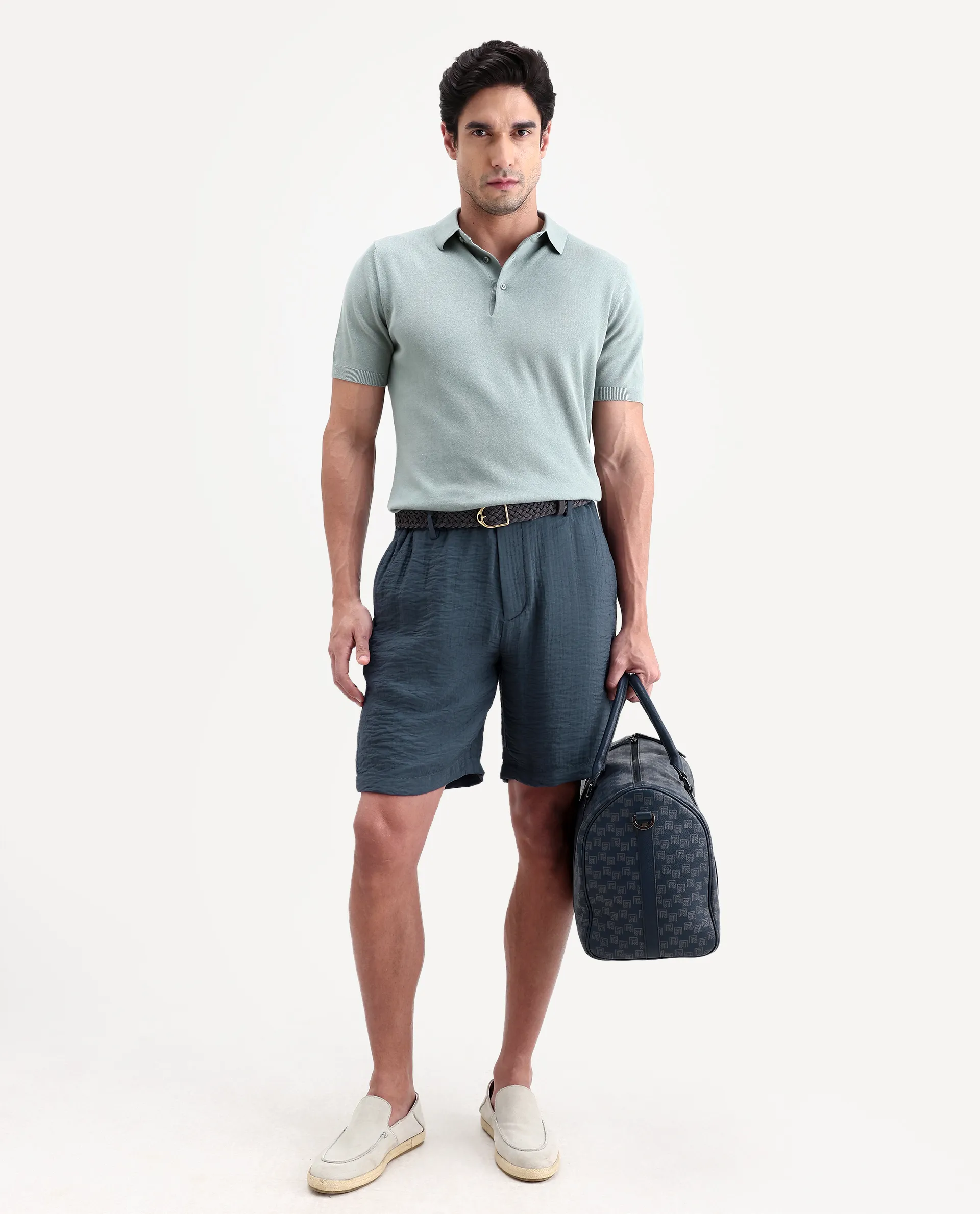 Rare Rabbit Men's Veon-St Dusky Blue Viscose Blend Fabric Relaxed Fit Plain Shorts - Image 3