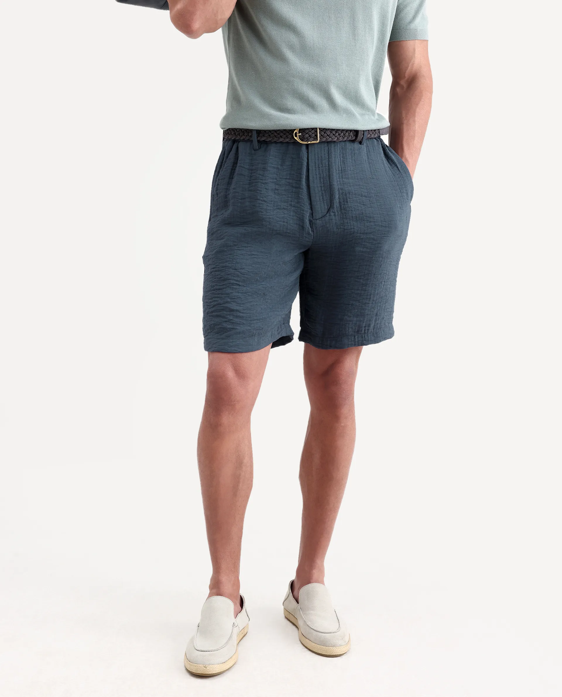 Rare Rabbit Men's Veon-St Dusky Blue Viscose Blend Fabric Relaxed Fit Plain Shorts - Image 4