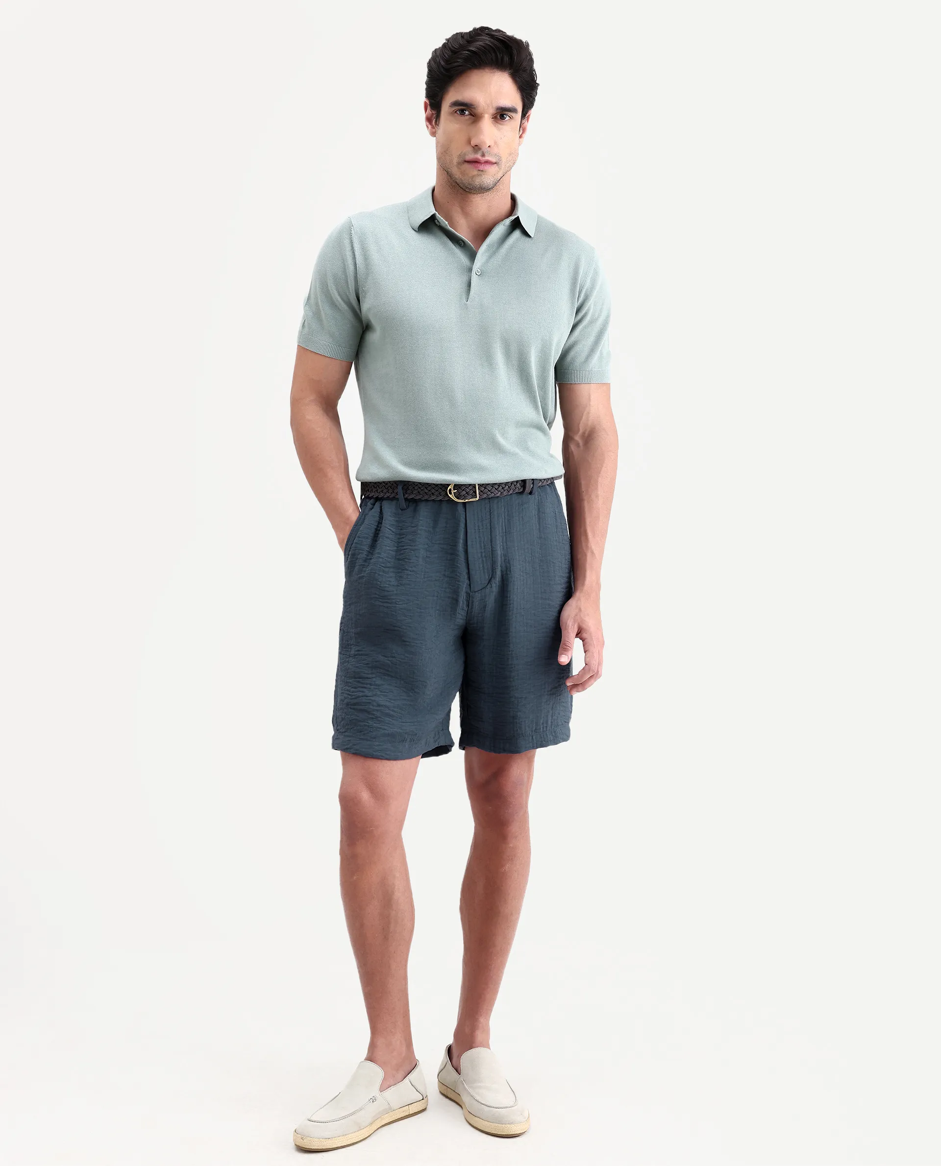 Rare Rabbit Men's Veon-St Dusky Blue Viscose Blend Fabric Relaxed Fit Plain Shorts - Image 5
