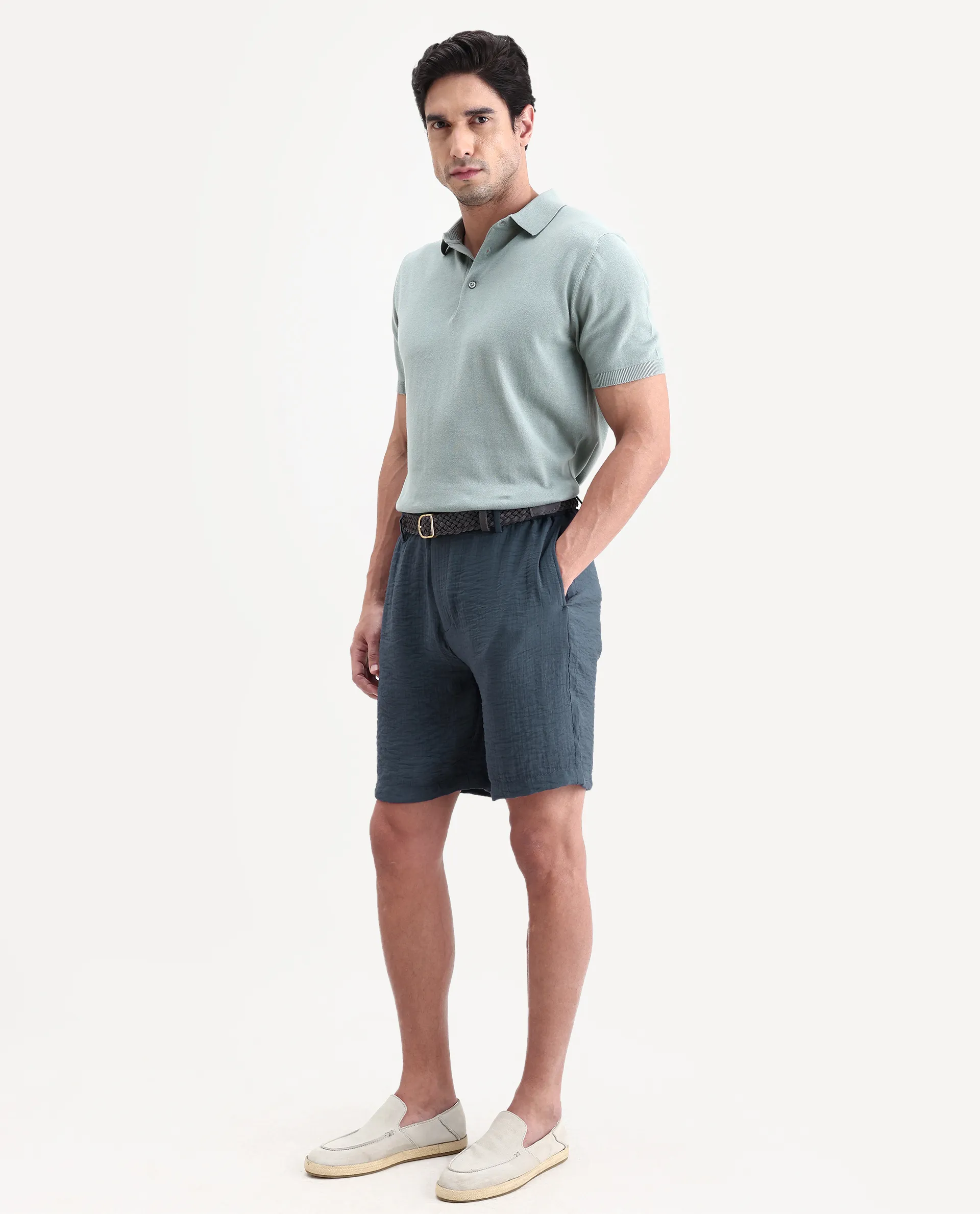 Rare Rabbit Men's Veon-St Dusky Blue Viscose Blend Fabric Relaxed Fit Plain Shorts - Image 6