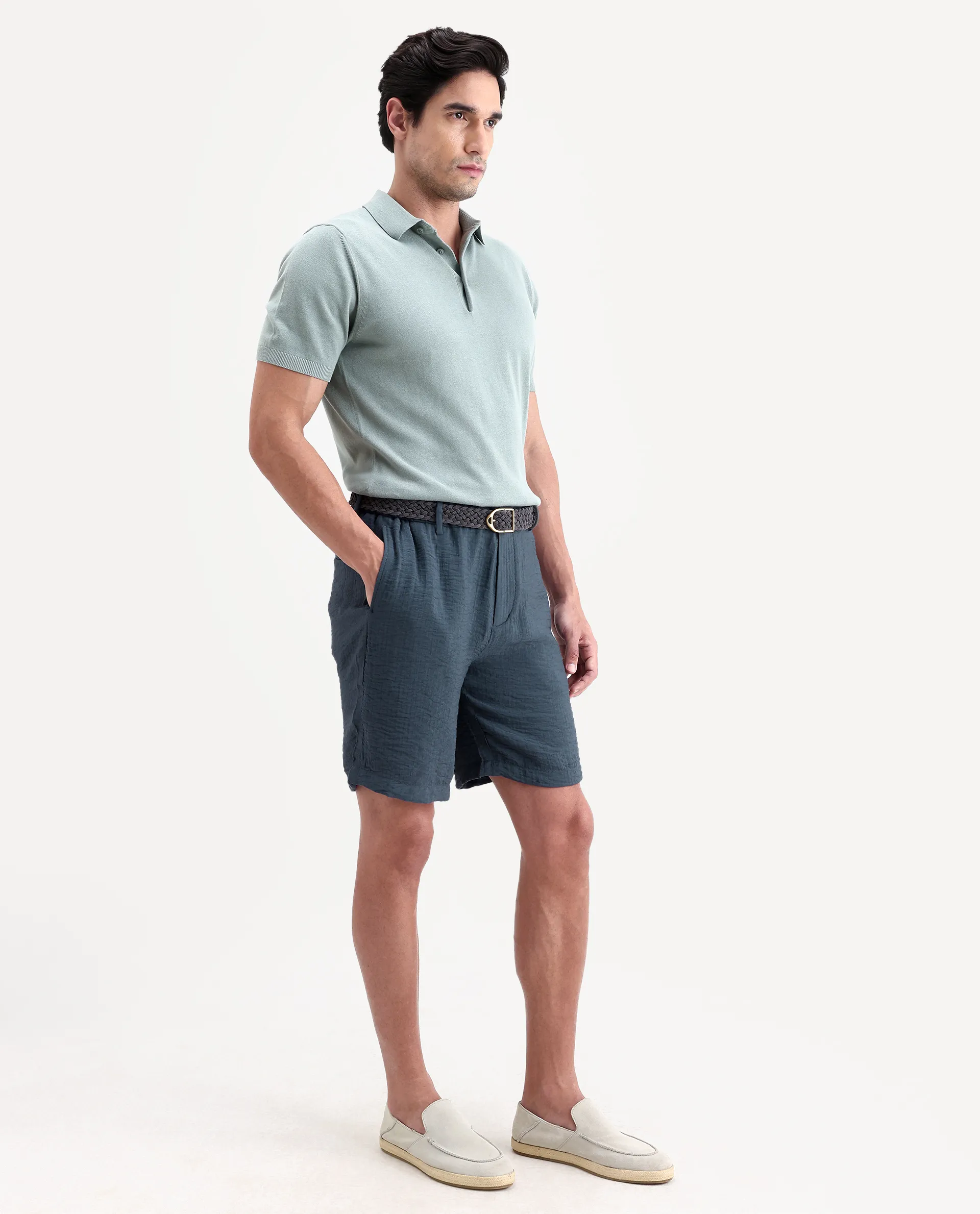Rare Rabbit Men's Veon-St Dusky Blue Viscose Blend Fabric Relaxed Fit Plain Shorts - Image 7