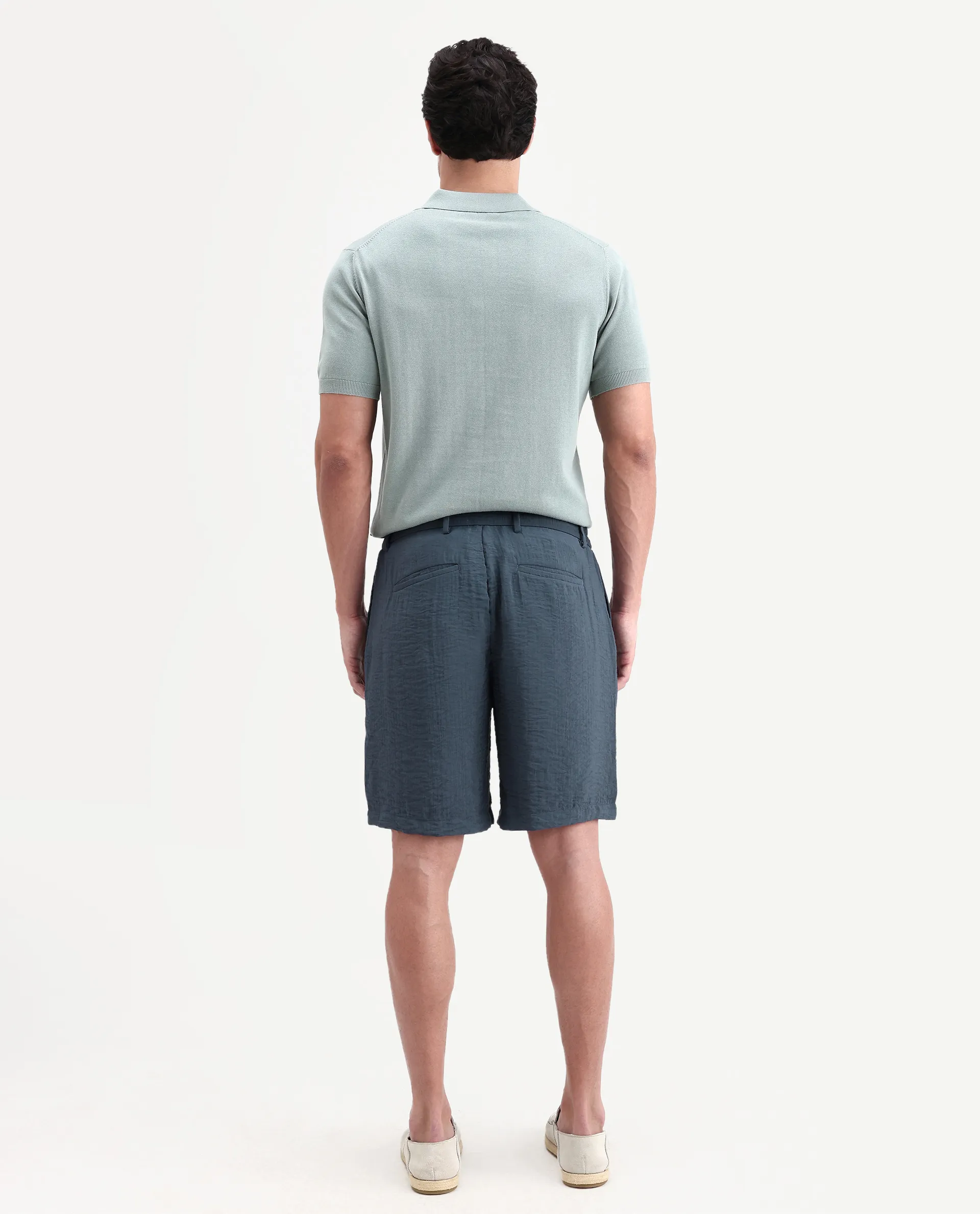 Rare Rabbit Men's Veon-St Dusky Blue Viscose Blend Fabric Relaxed Fit Plain Shorts - Image 8