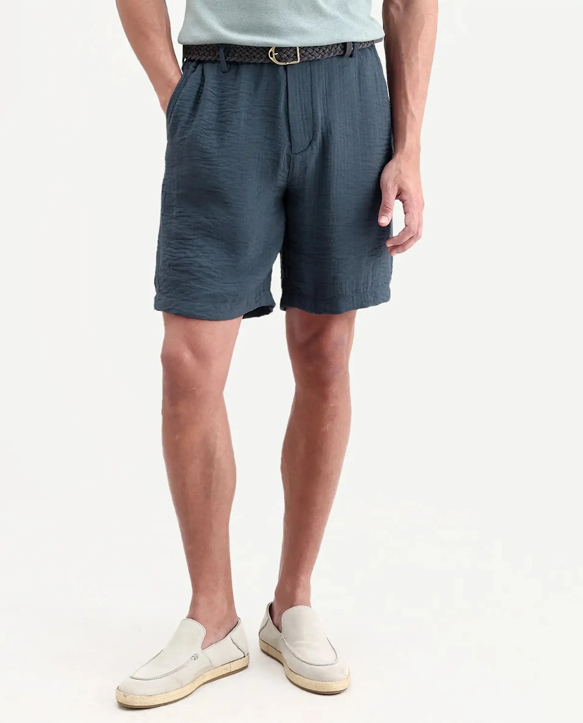 Rare Rabbit Men's Veon-St Dusky Blue Viscose Blend Fabric Relaxed Fit Plain Shorts - Image 9