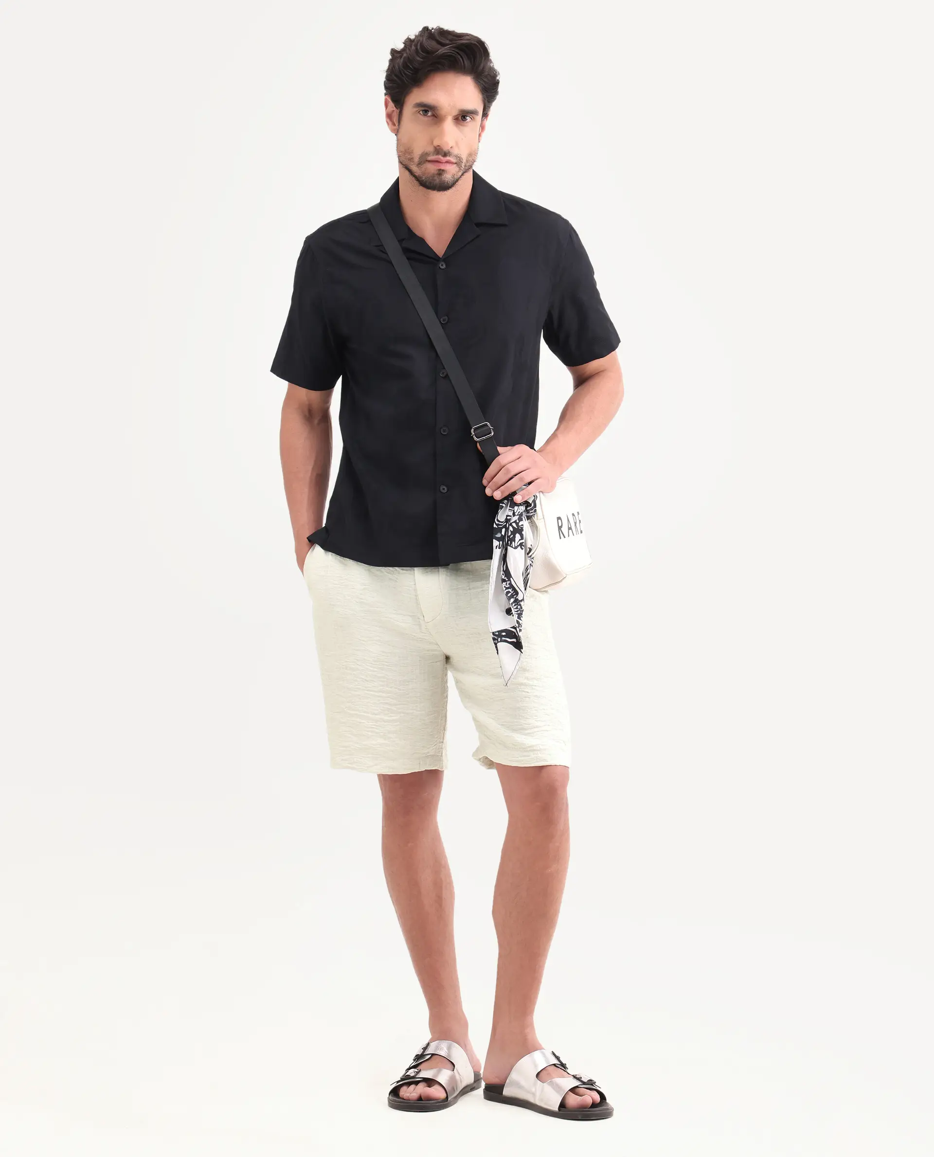 Rare Rabbit Men's Veon-St Off White Viscose Blend Fabric Relaxed Fit Plain Shorts