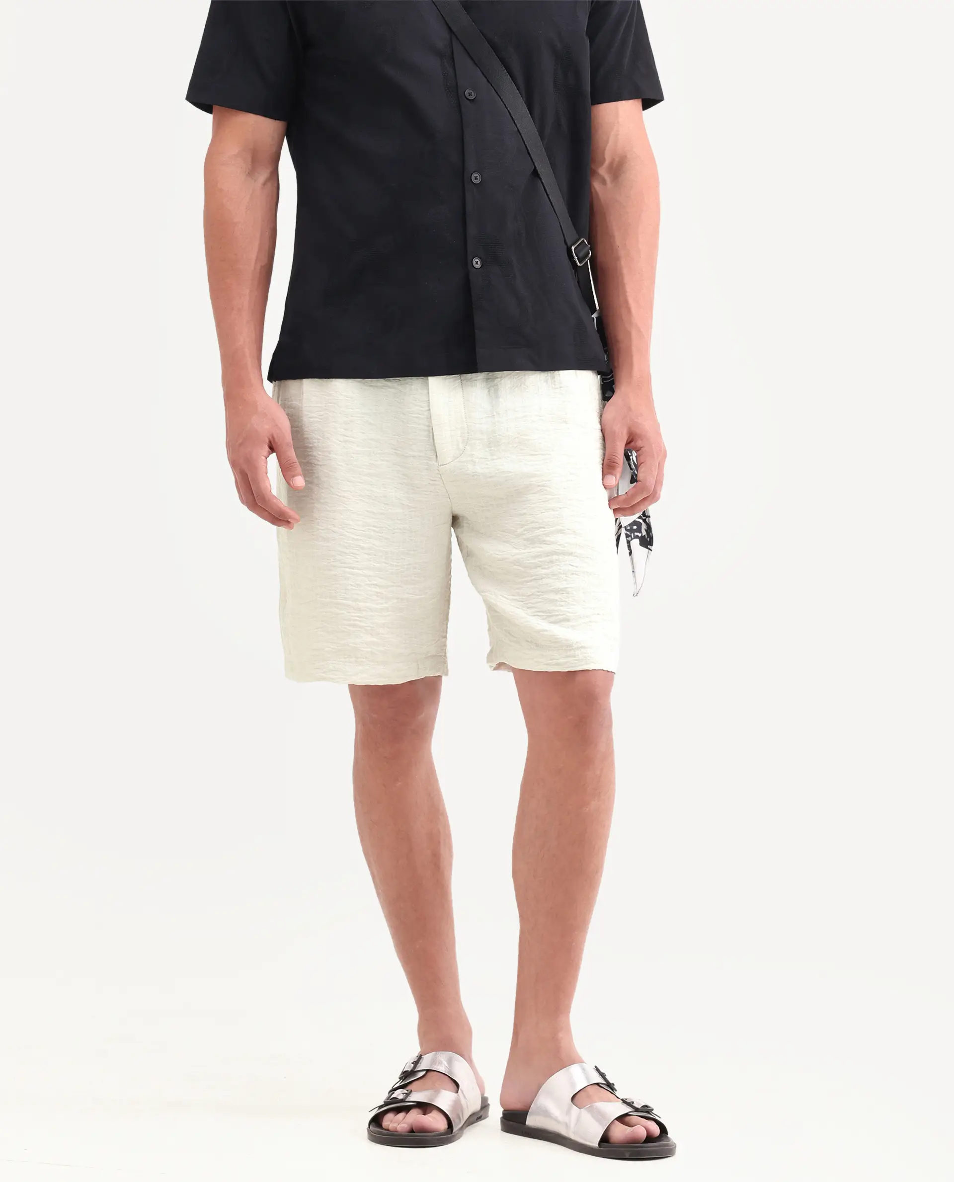 Rare Rabbit Men's Veon-St Off White Viscose Blend Fabric Relaxed Fit Plain Shorts - Image 2