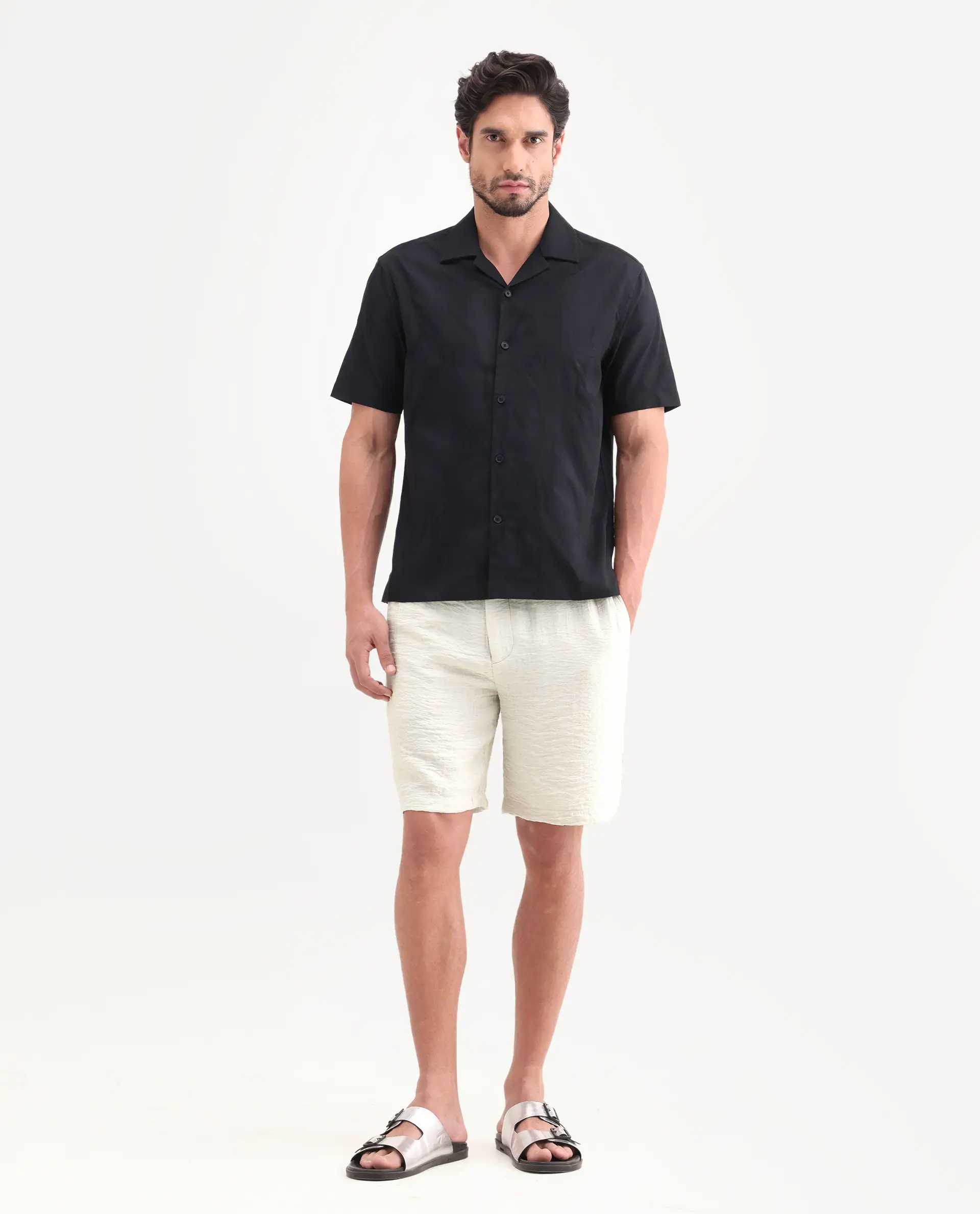 Rare Rabbit Men's Veon-St Off White Viscose Blend Fabric Relaxed Fit Plain Shorts - Image 4