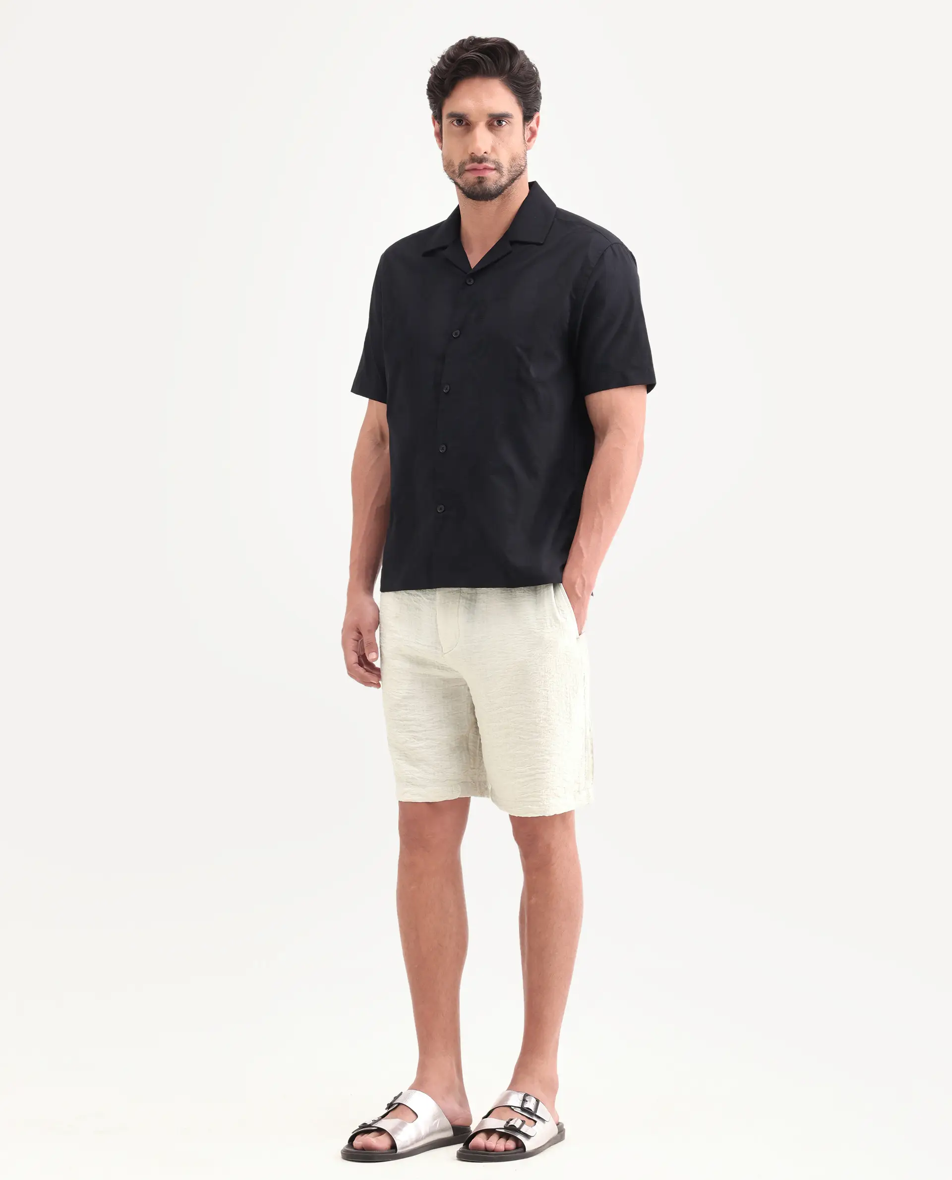 Rare Rabbit Men's Veon-St Off White Viscose Blend Fabric Relaxed Fit Plain Shorts - Image 5