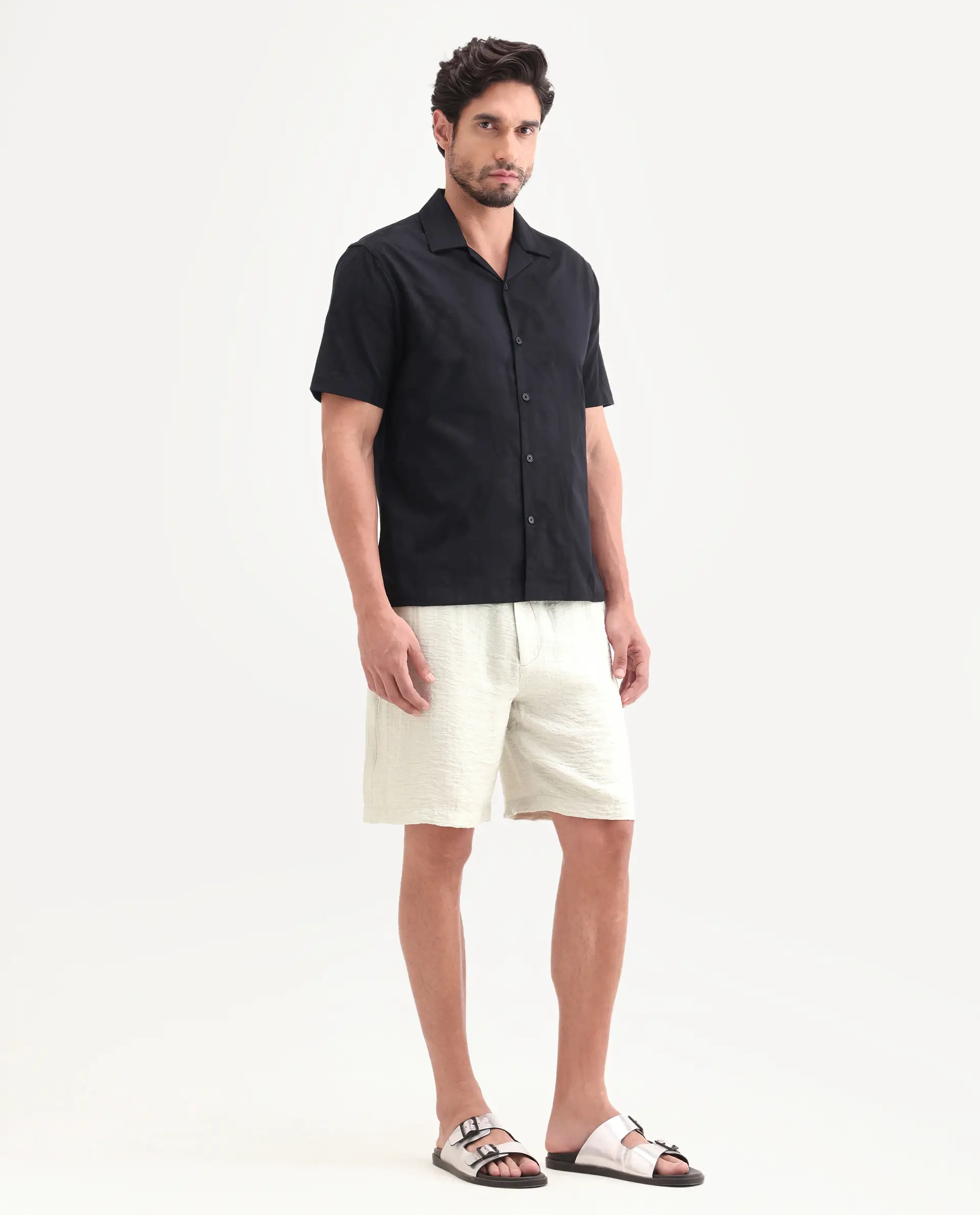 Rare Rabbit Men's Veon-St Off White Viscose Blend Fabric Relaxed Fit Plain Shorts - Image 6