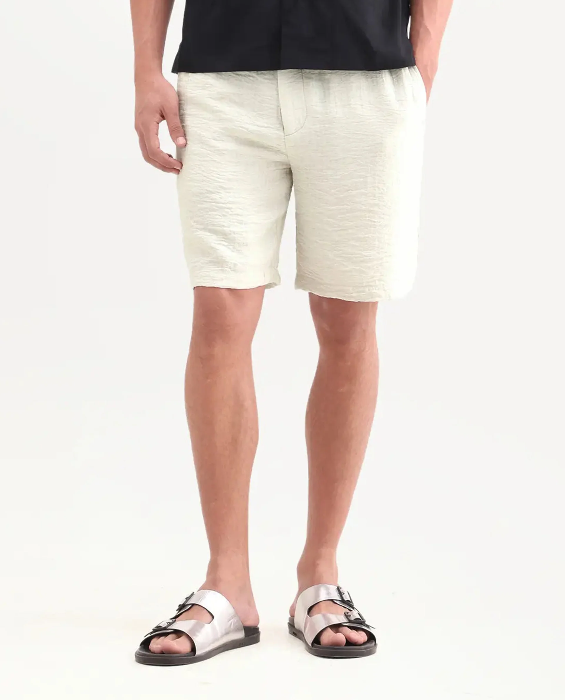 Rare Rabbit Men's Veon-St Off White Viscose Blend Fabric Relaxed Fit Plain Shorts - Image 8