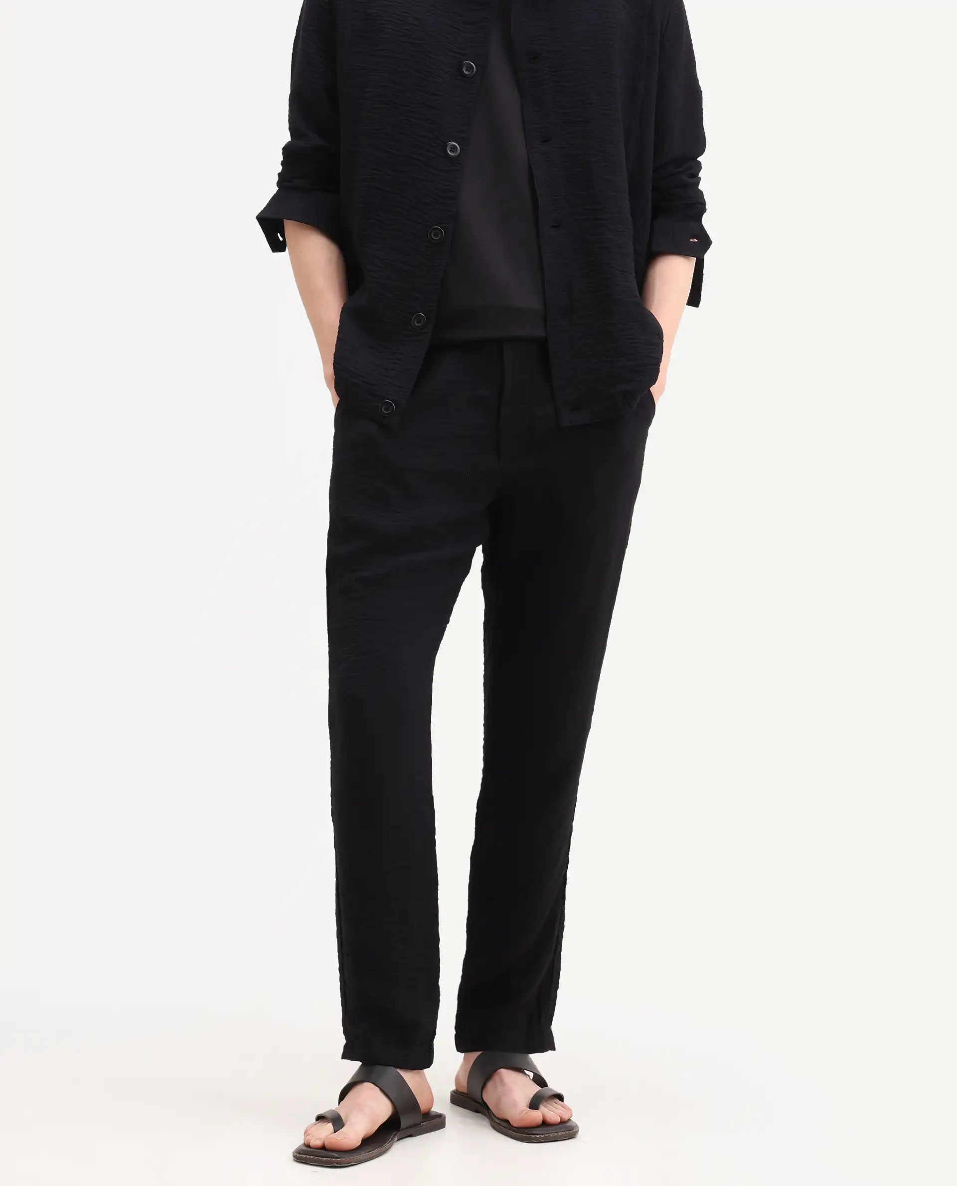 Rare Rabbit Men's Veon-T Black Viscose Blend Fabric Regular Fit Plain Trouser - Image 2