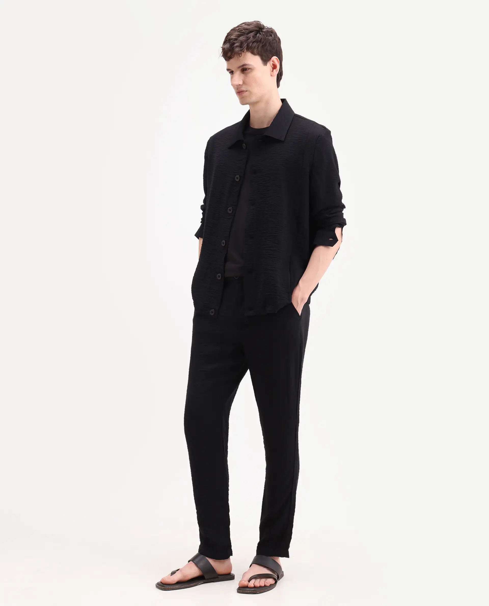 Rare Rabbit Men's Veon-T Black Viscose Blend Fabric Regular Fit Plain Trouser - Image 4