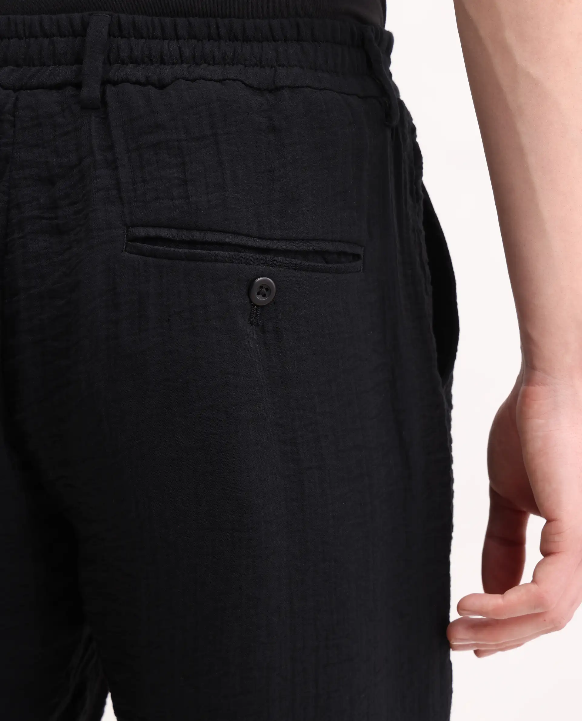 Rare Rabbit Men's Veon-T Black Viscose Blend Fabric Regular Fit Plain Trouser - Image 7