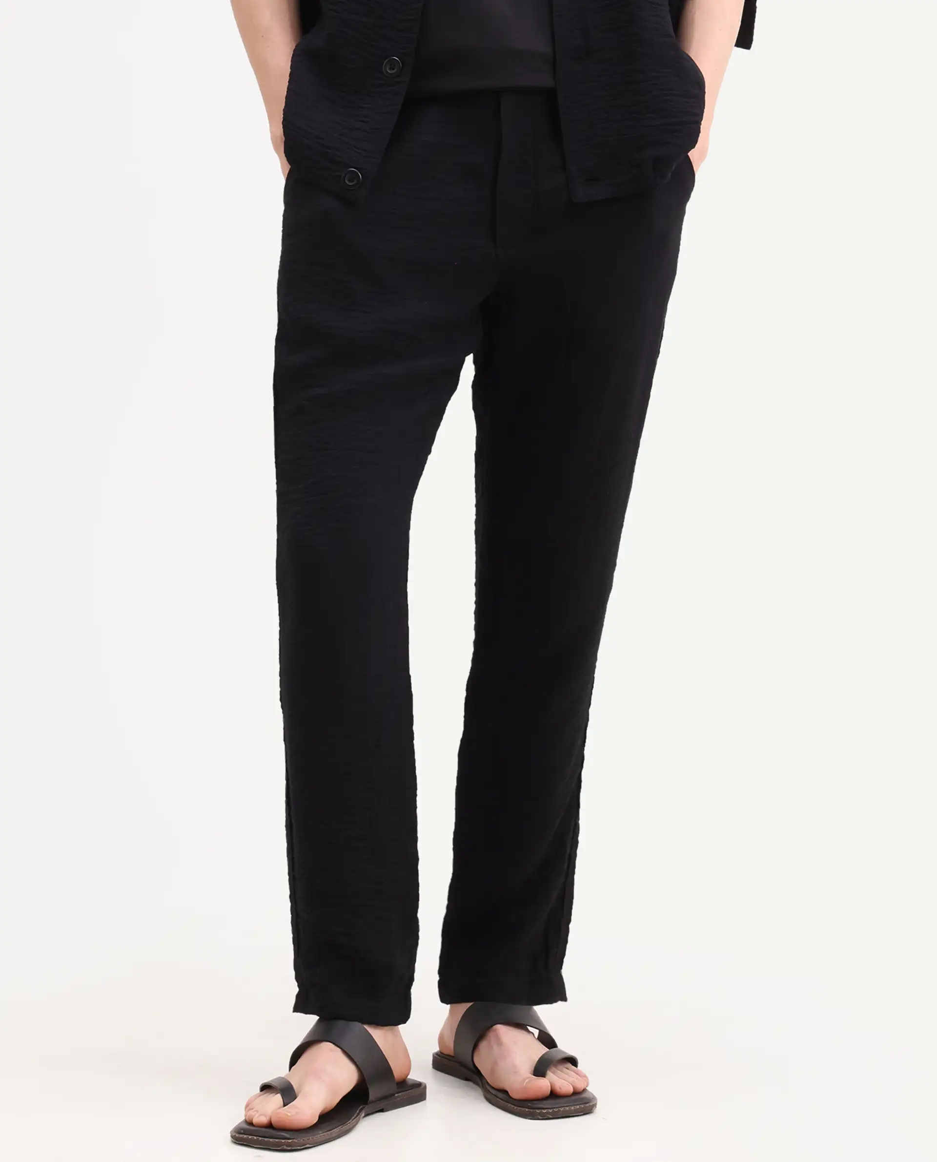 Rare Rabbit Men's Veon-T Black Viscose Blend Fabric Regular Fit Plain Trouser - Image 9