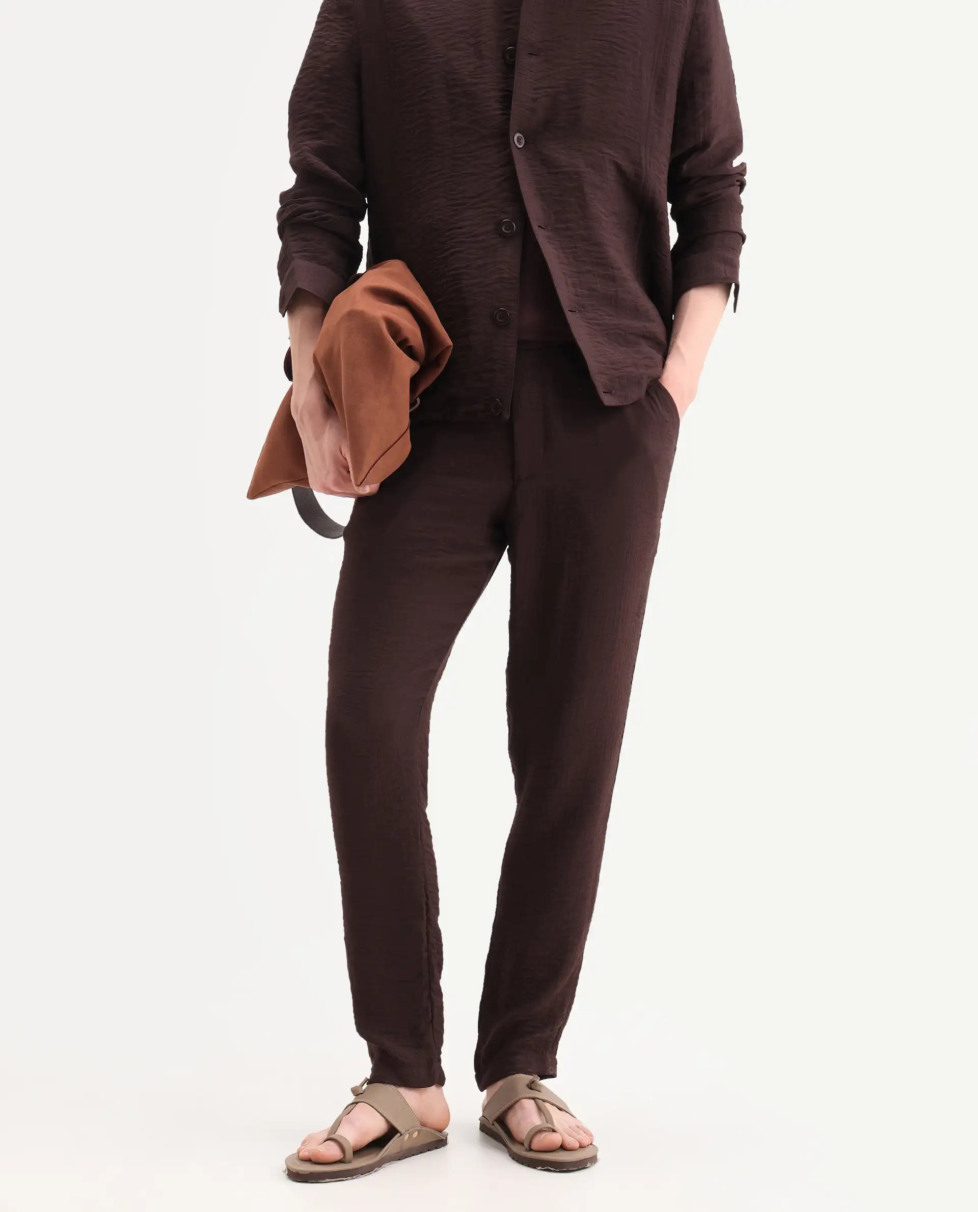 Rare Rabbit Men's Veon-T Dark Brown Viscose Blend Fabric Regular Fit Plain Trouser - Image 2