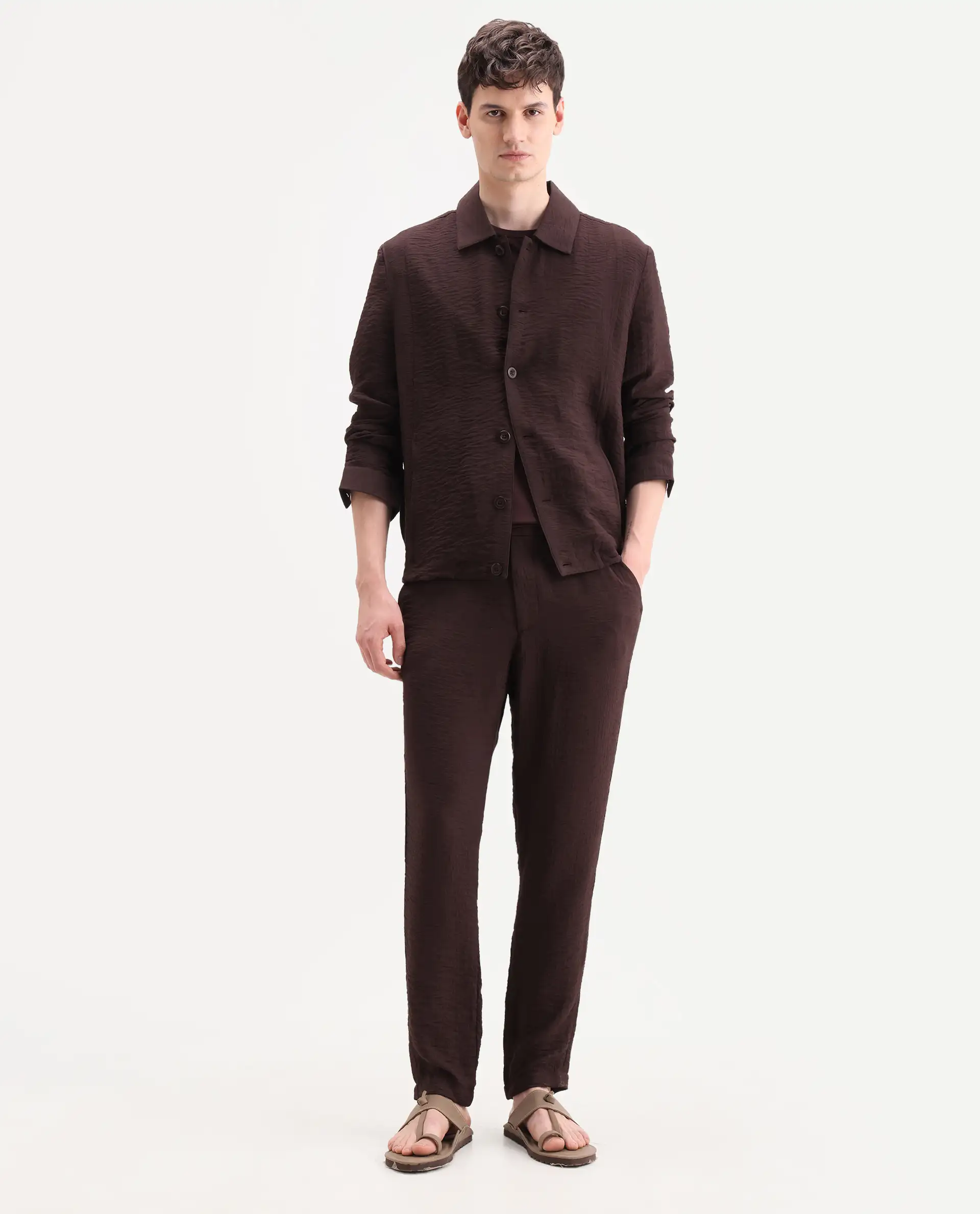 Rare Rabbit Men's Veon-T Dark Brown Viscose Blend Fabric Regular Fit Plain Trouser - Image 4