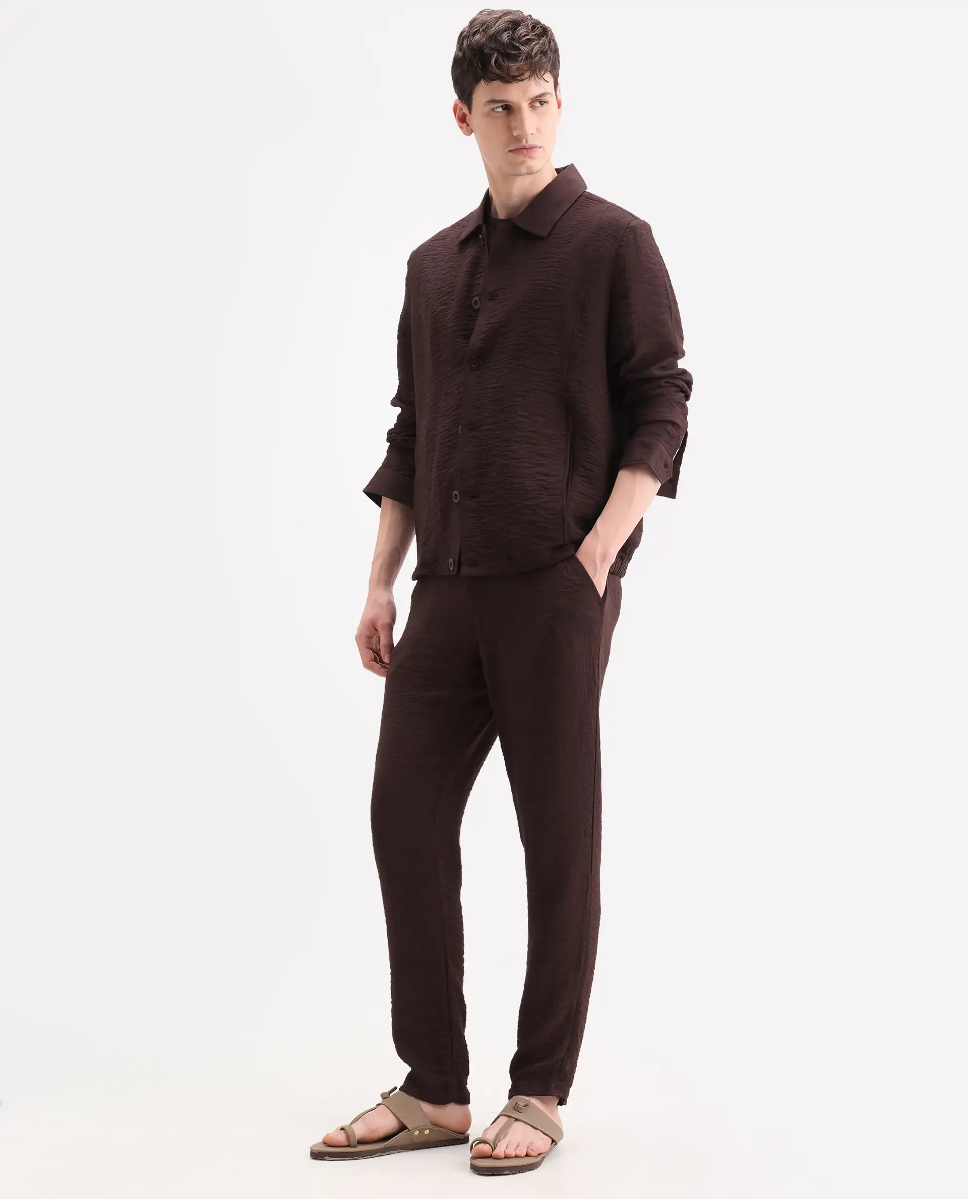 Rare Rabbit Men's Veon-T Dark Brown Viscose Blend Fabric Regular Fit Plain Trouser - Image 5