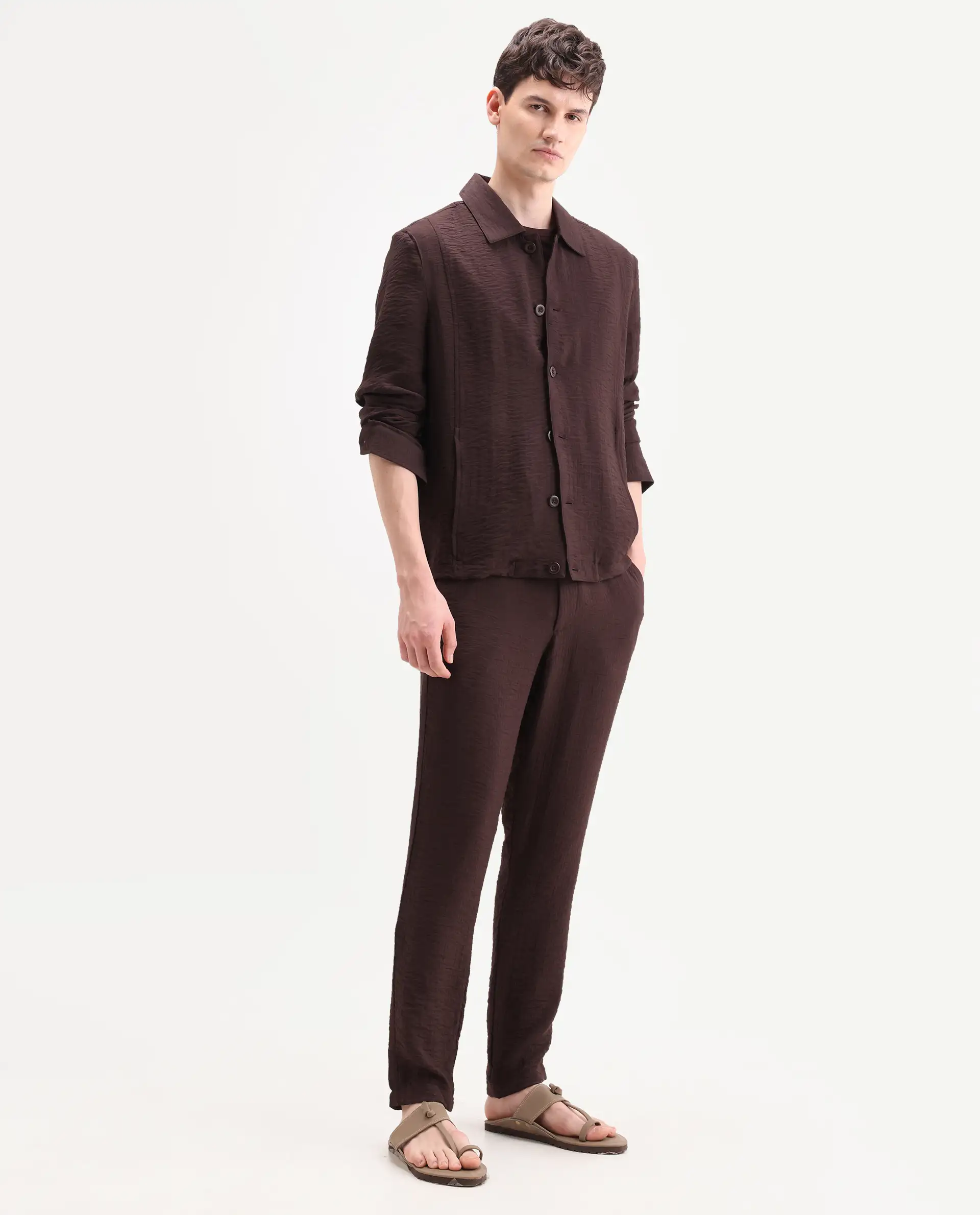 Rare Rabbit Men's Veon-T Dark Brown Viscose Blend Fabric Regular Fit Plain Trouser - Image 6