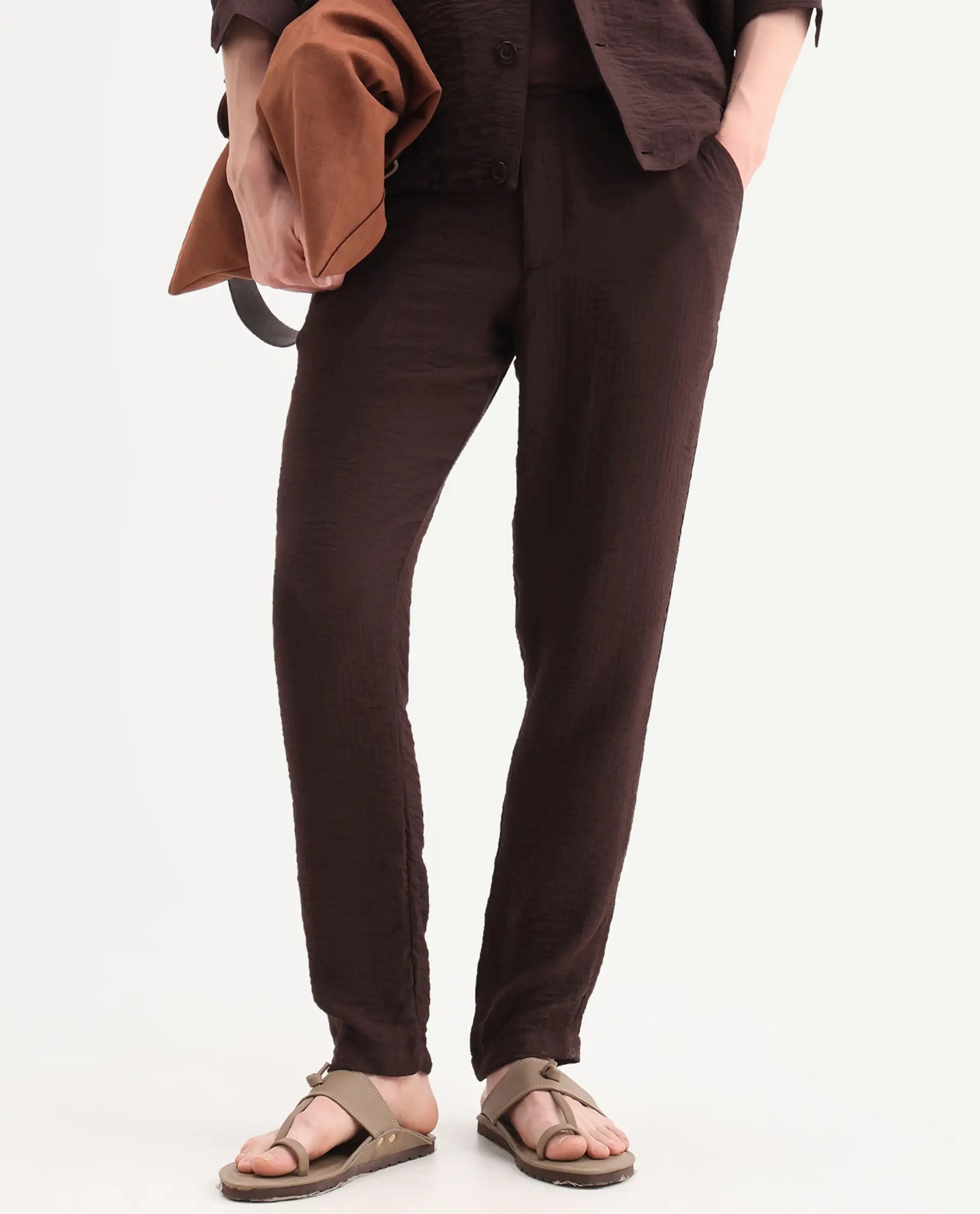 Rare Rabbit Men's Veon-T Dark Brown Viscose Blend Fabric Regular Fit Plain Trouser - Image 8