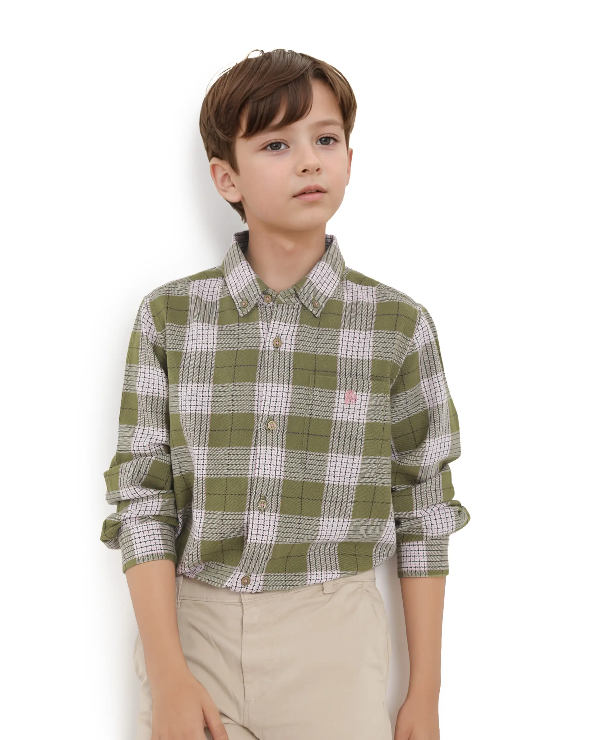 Rare Ones Kids Ver Olive Cotton Full Sleeves Button Down Regular Fit Checked Shirt - Image 2