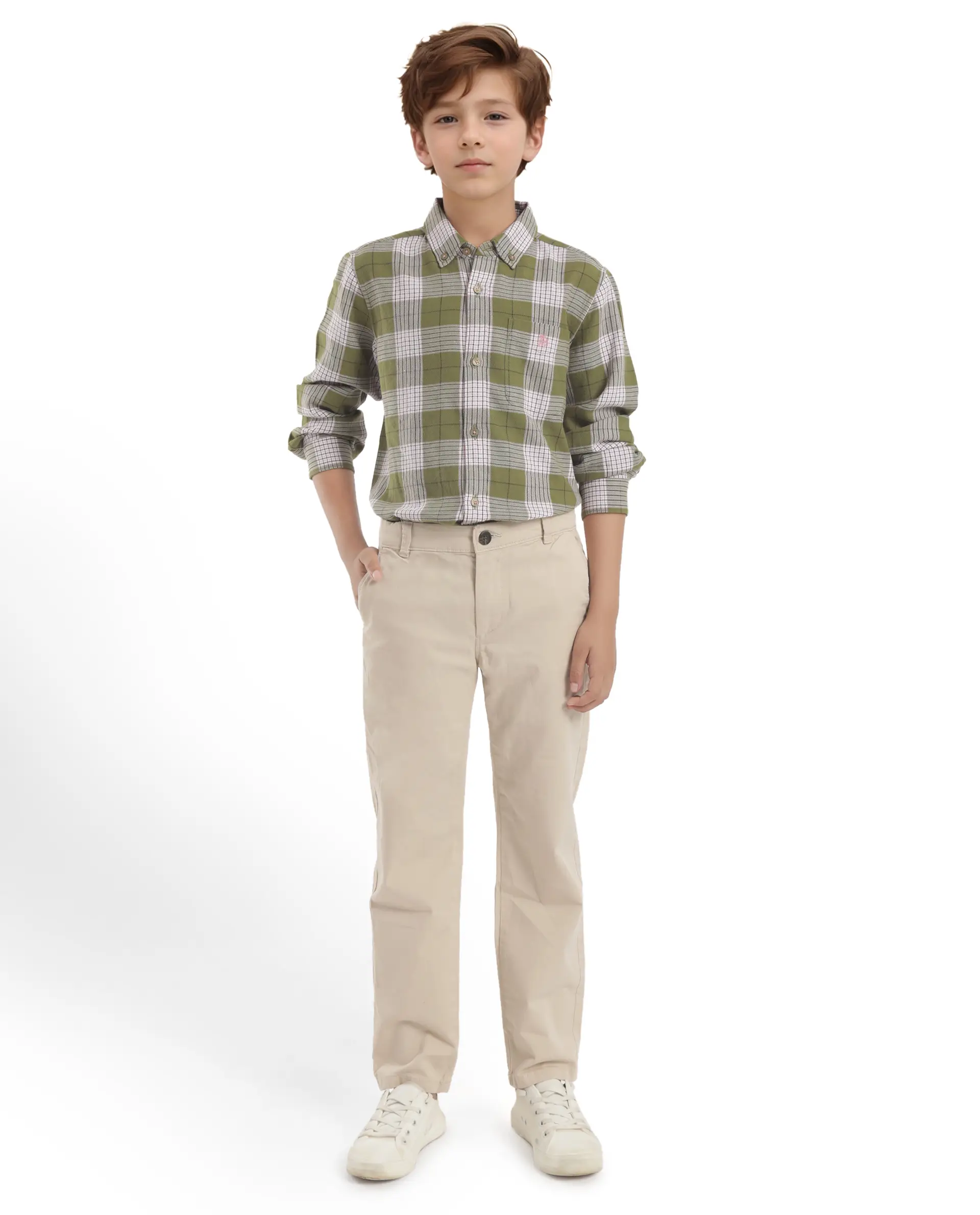 Rare Ones Kids Ver Olive Cotton Full Sleeves Button Down Regular Fit Checked Shirt - Image 3