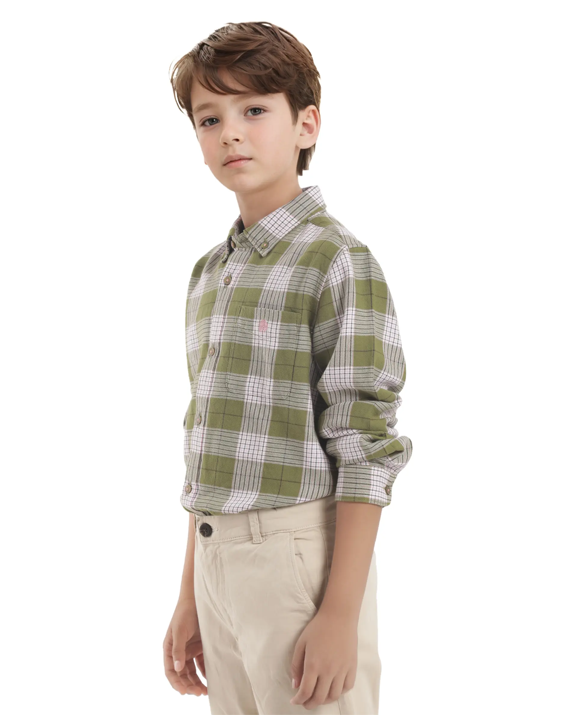 Rare Ones Kids Ver Olive Cotton Full Sleeves Button Down Regular Fit Checked Shirt - Image 7