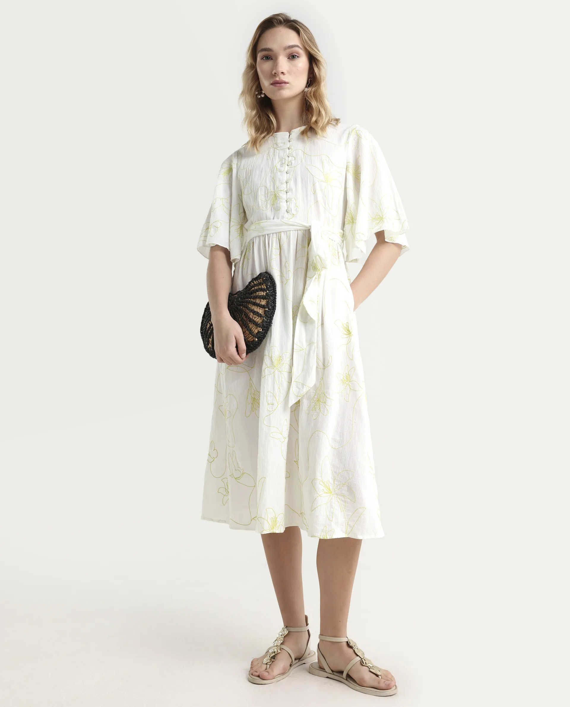Rareism Women's Vera White Cotton Crew Neck Embroidered Bell Sleeve Maxi Fit And Flare Dress - Image 2
