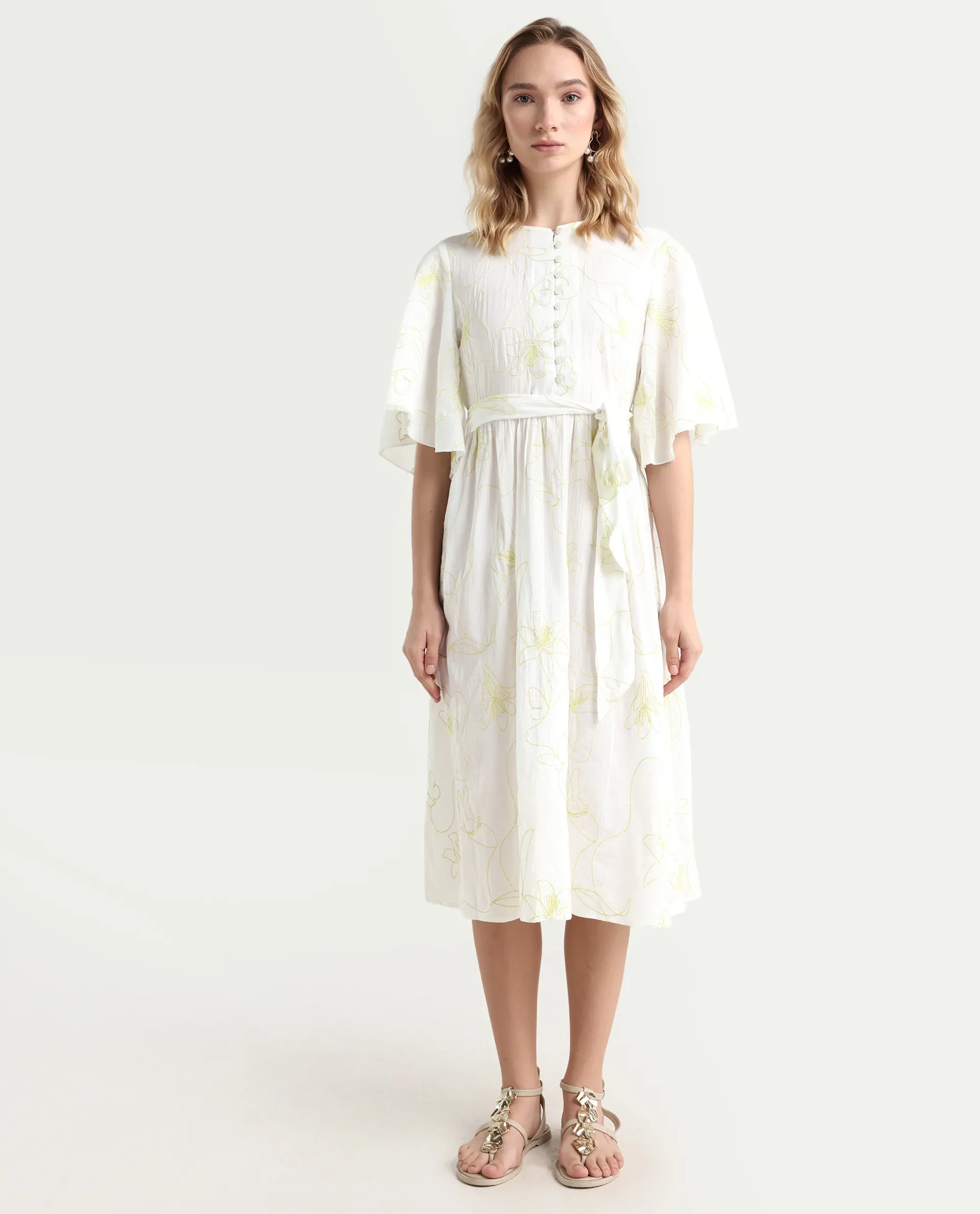 Rareism Women's Vera White Cotton Crew Neck Embroidered Bell Sleeve Maxi Fit And Flare Dress - Image 3