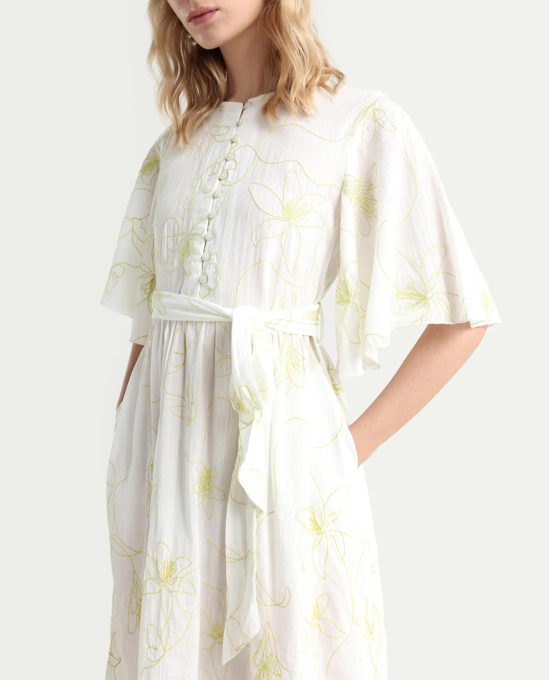 Rareism Women's Vera White Cotton Crew Neck Embroidered Bell Sleeve Maxi Fit And Flare Dress - Image 4