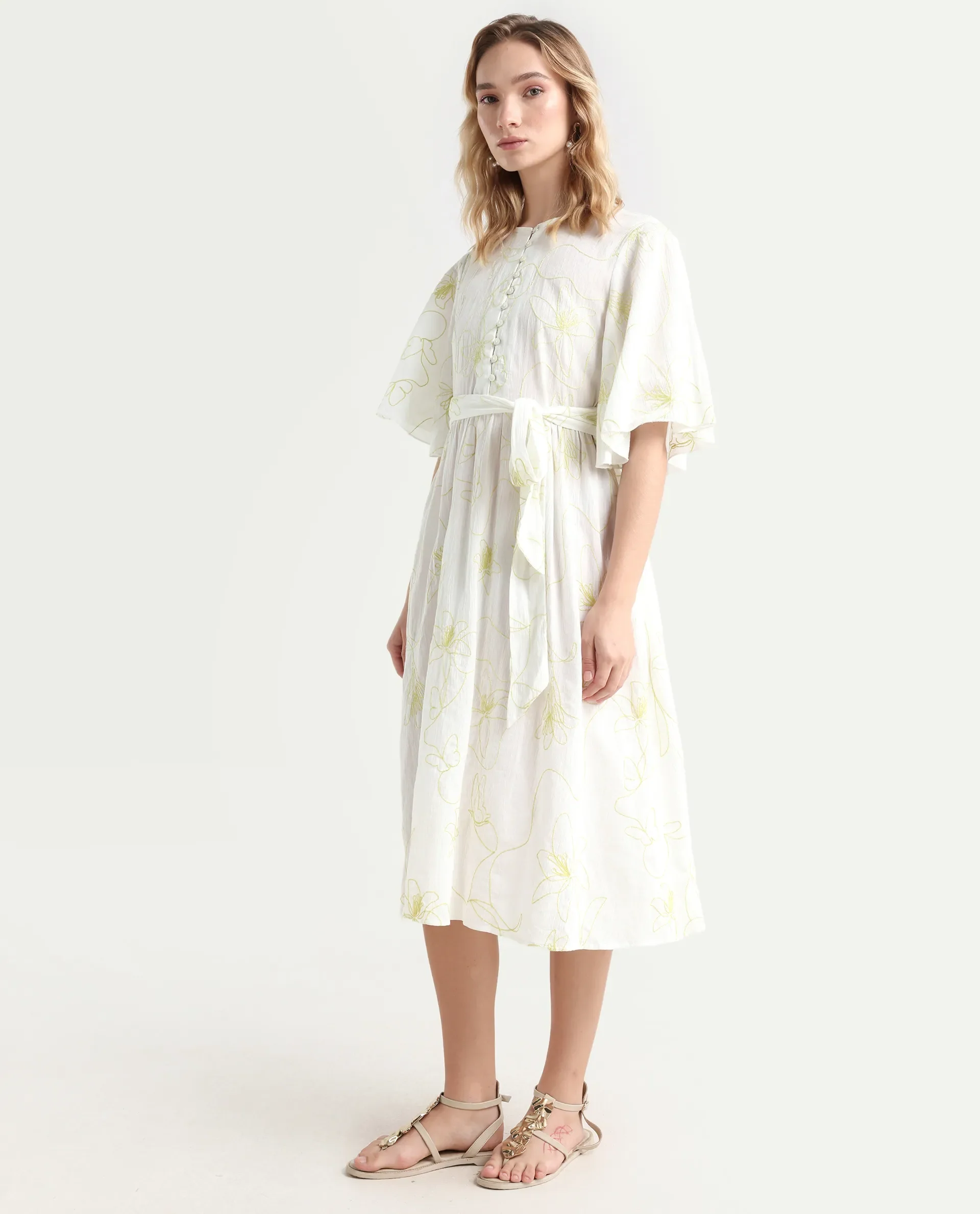 Rareism Women's Vera White Cotton Crew Neck Embroidered Bell Sleeve Maxi Fit And Flare Dress - Image 5