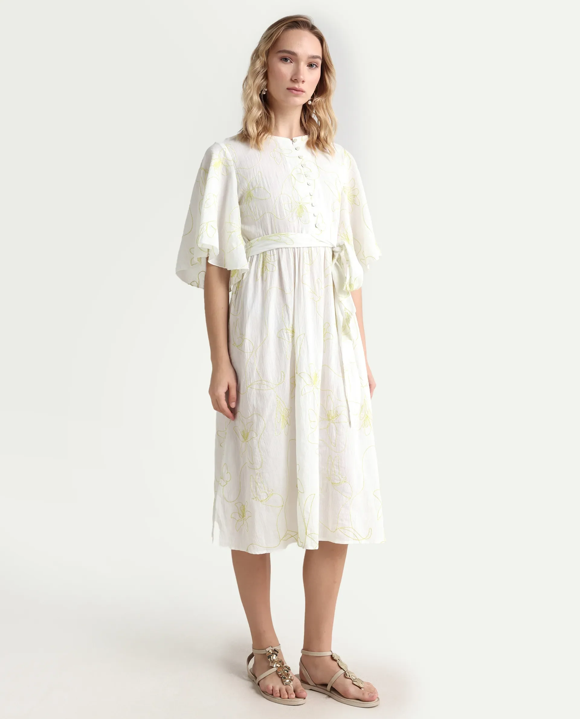 Rareism Women's Vera White Cotton Crew Neck Embroidered Bell Sleeve Maxi Fit And Flare Dress - Image 6